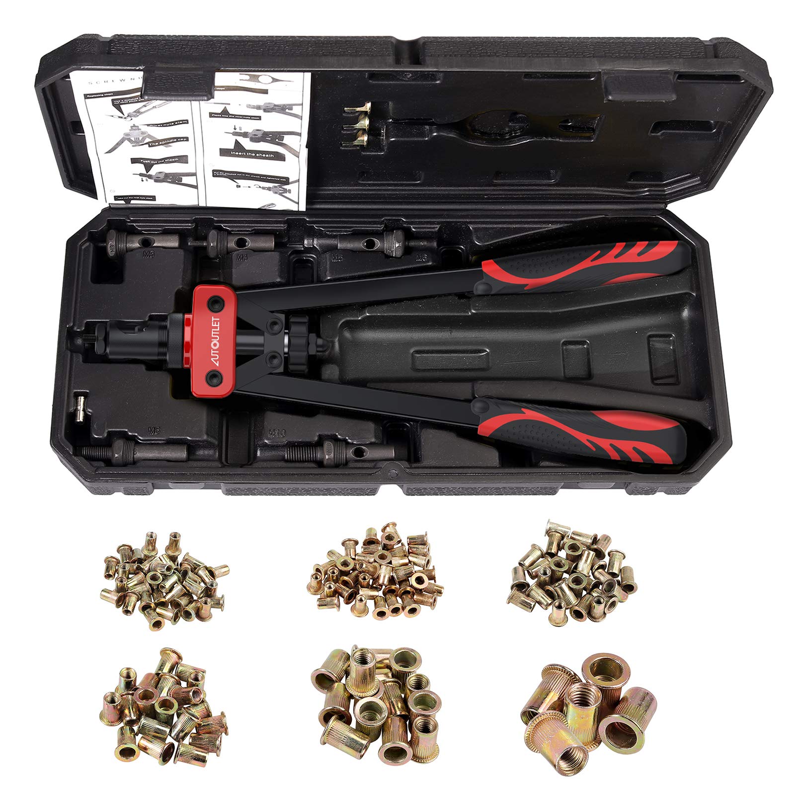 AUTOUTLET Nietmutternzange Set, 14" Profi Nietzangen Nietmutterzange mit 6 Austauschbare Dorne M3 M4 M5 M6 M8 M10 und 150PCS Nietmuttern, Gewindenietzange Nietmaschine Nietmutter Zange Werkzeug(Rot)