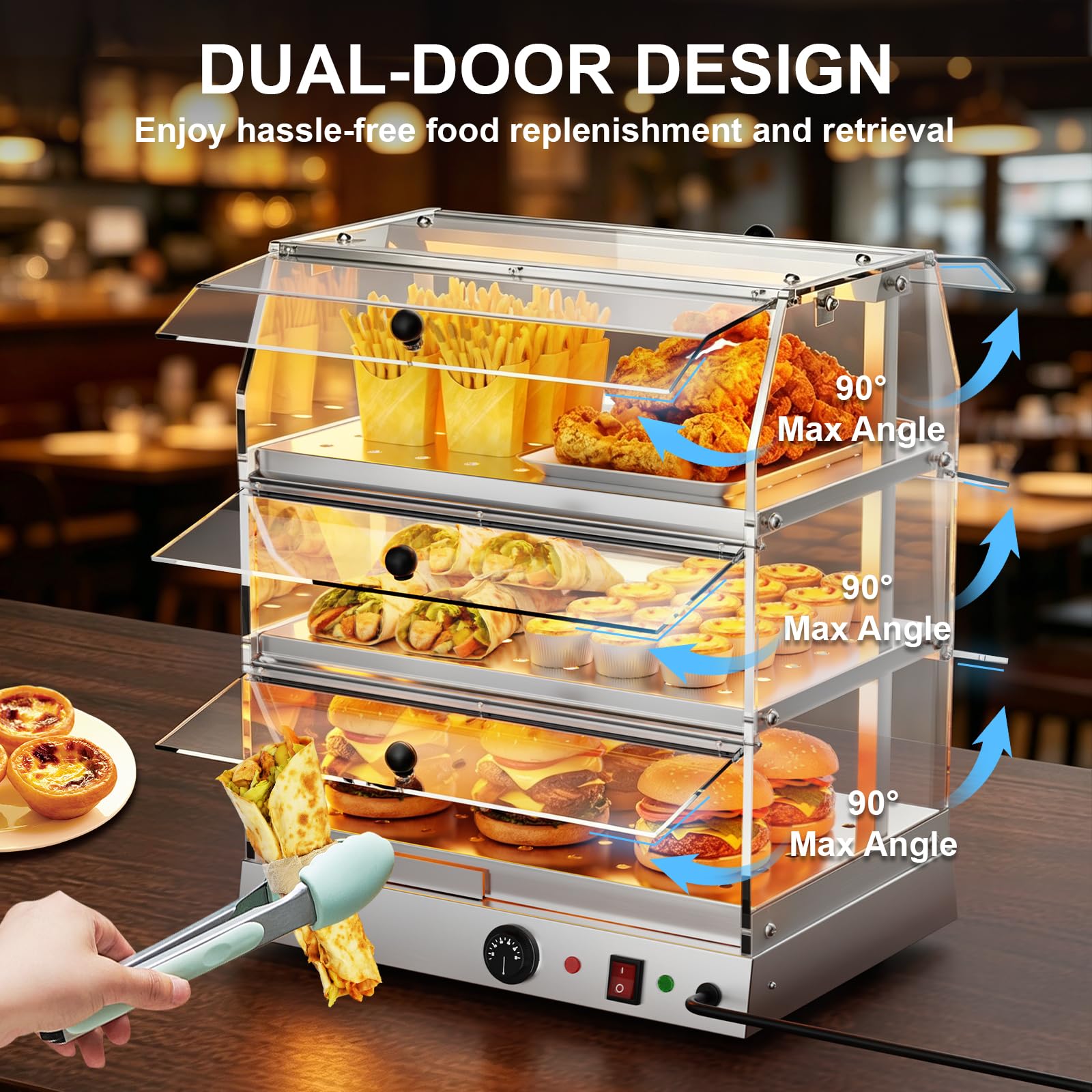 Exhibidor comercial de 3 niveles, vitrina de alimentos calientes de acero inoxidable con iluminación LED, temperatura ajustable de 30 a 85 °C, vitrina eléctrica calentada para hamburguesas