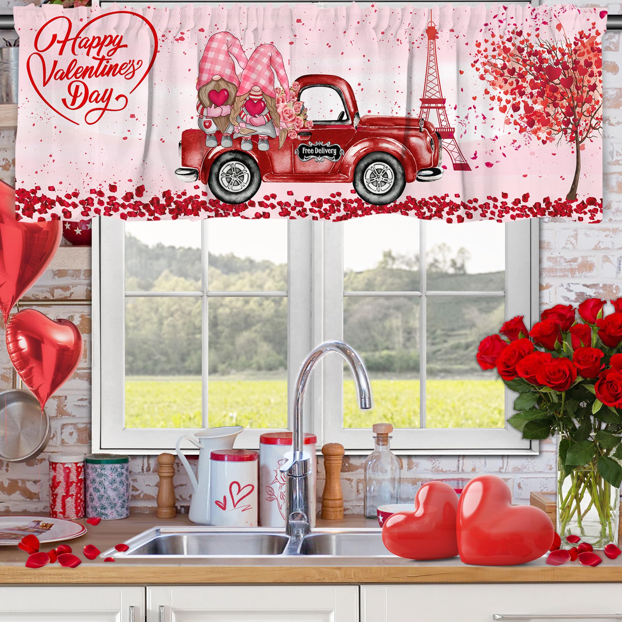 Red Truck Valentines Day Valance Curtain for Kitchen 18"X54" Valentine
