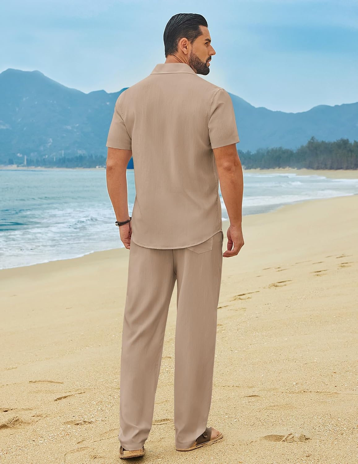 COOFANDY Men's Linen Sets 2 Piece Outfits Casual Short Sleeve Button Down Shirts and Pants Summer Beach Vacation Outfits - Image 3