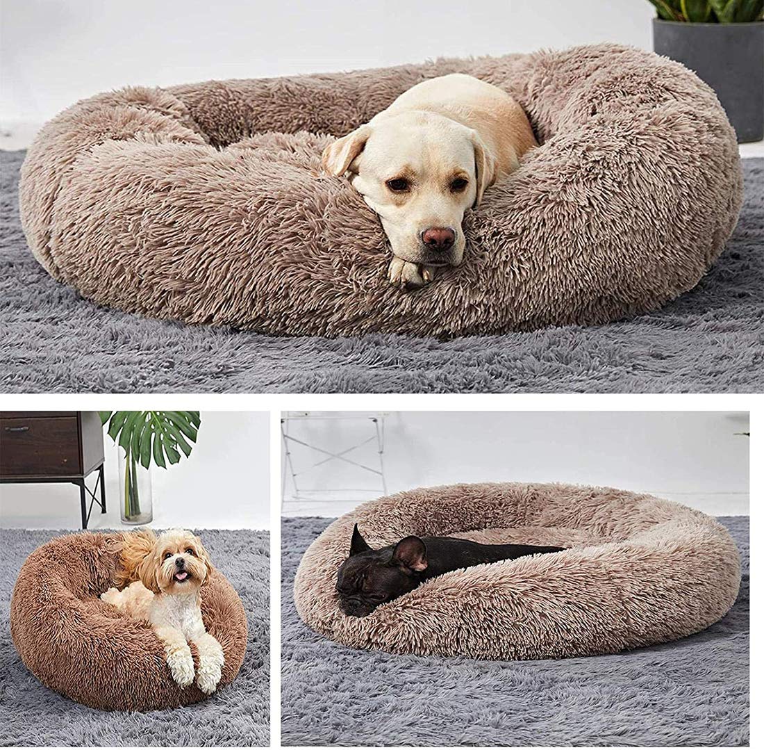 Hondensofa Kattensofa, Rond Pluche Huisdierbed Hondenbed Kattenbed voor Middelgrote en Grote Honden, Orthopedisch Kattenhondenbed, Donut Knuffelbaar Hondenkussen Hondenmand (100cm/39in,Beige