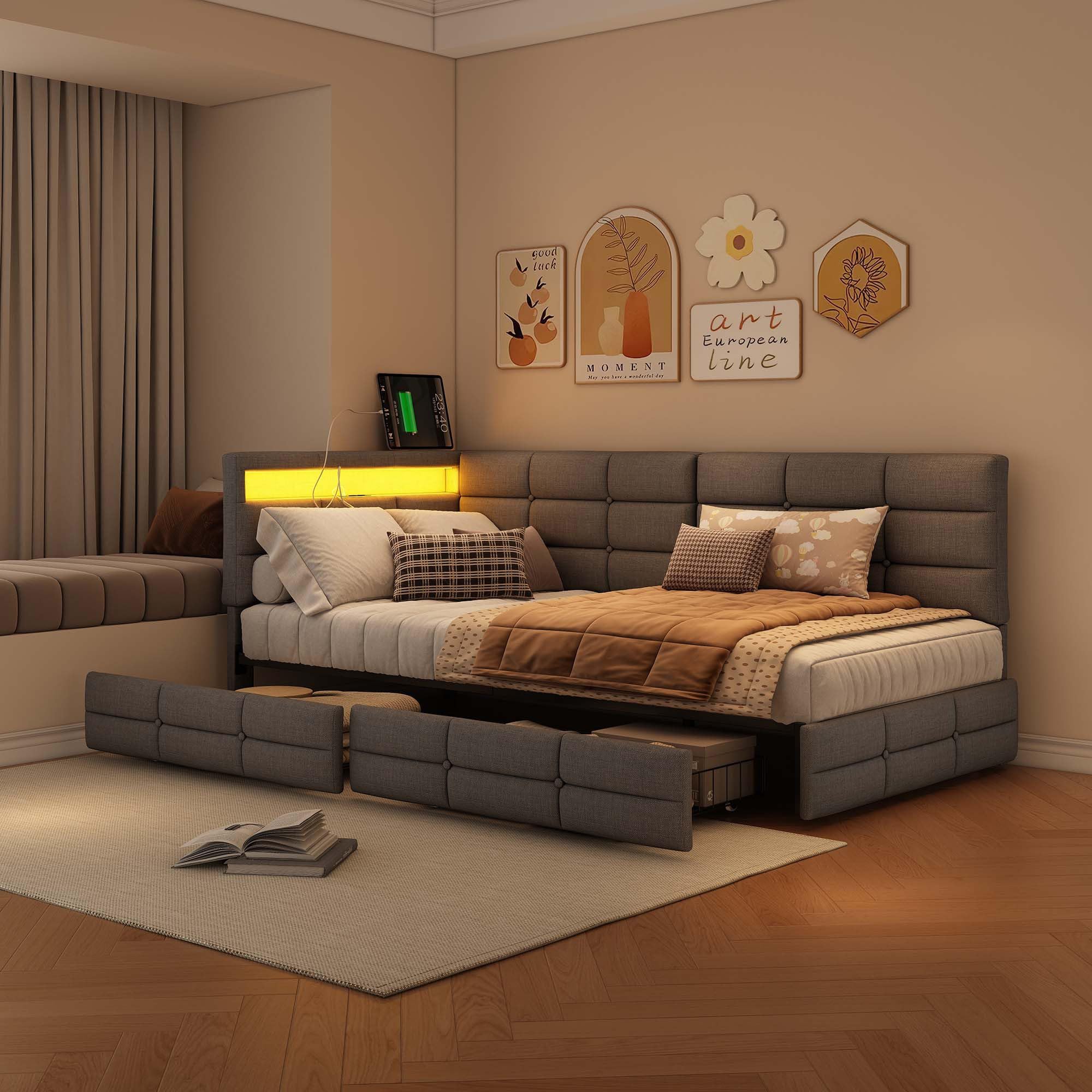 Łóżko pojedyncze z diodami LED i USB, tapicerowane łóżko z funkcją spania, 90 x 200, łóżko młodzieżowe z 2 szufladami, łóżko dzienne ze stelażem, łóżko dla gości, rama łóżka, kolor lniany