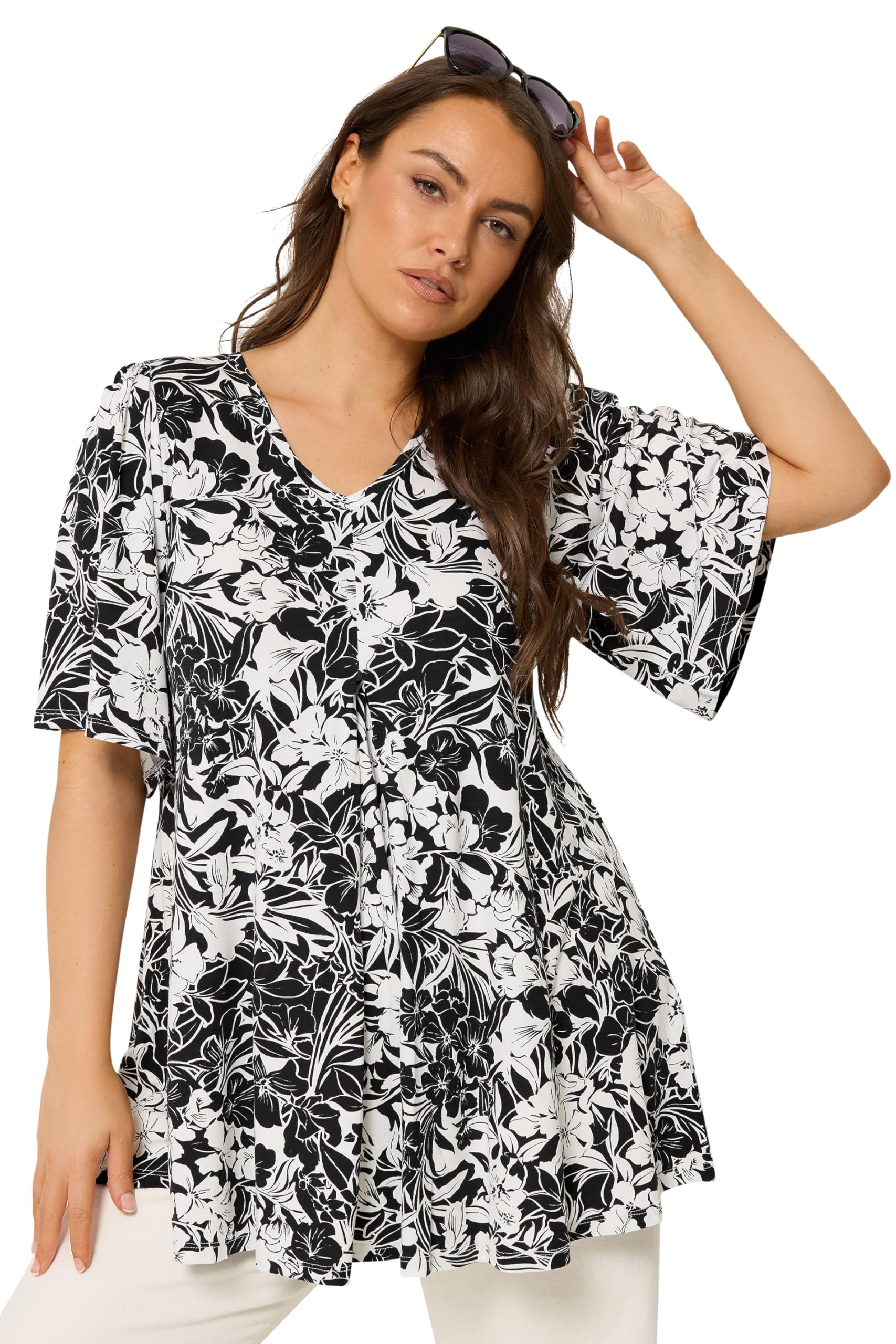Yours Women's Black Floral Pleated Swing Top In | Size: 20