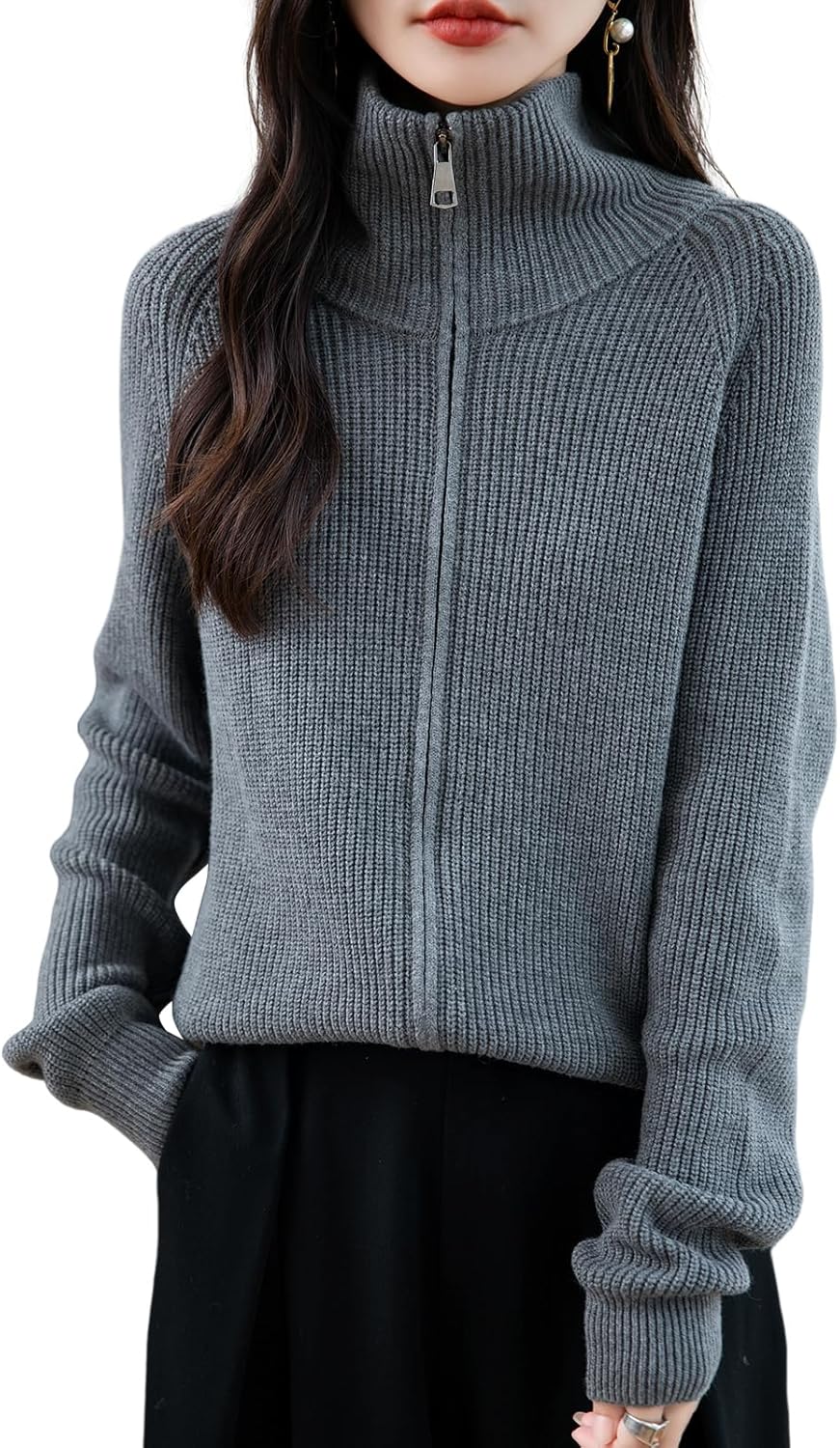 Women's Merino Wool Blend Cardigan 2025 Fall Winter Zipper Sweatshirt Rib Long Sleeve Lapel Knit Cardigan Sweater