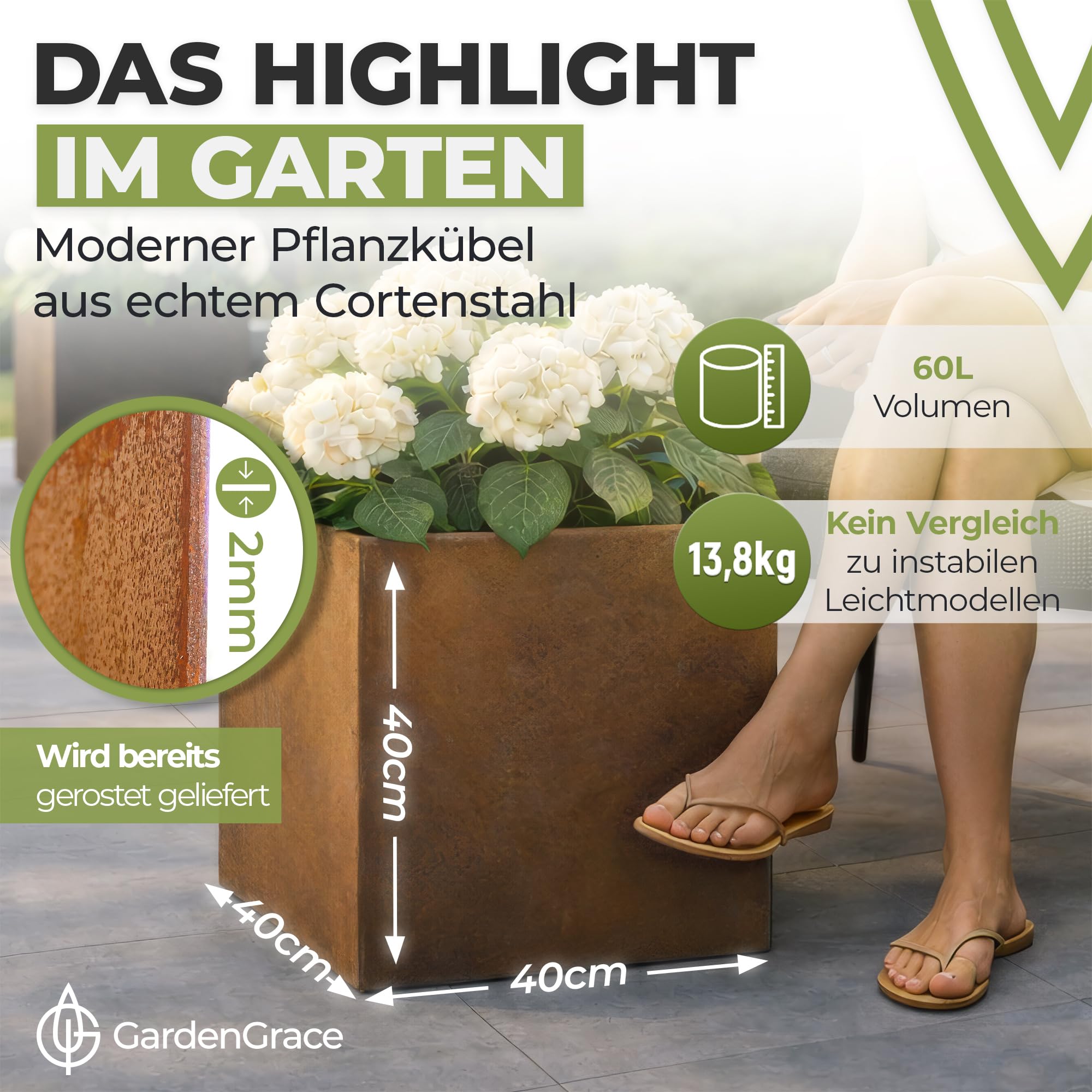 GardenGrace Pflanzkübel Cortenstahl, Quadratisch, Rost-Optik, Extra Stabil 2mm Dicke, Bereits Gerostet (40x40x40)