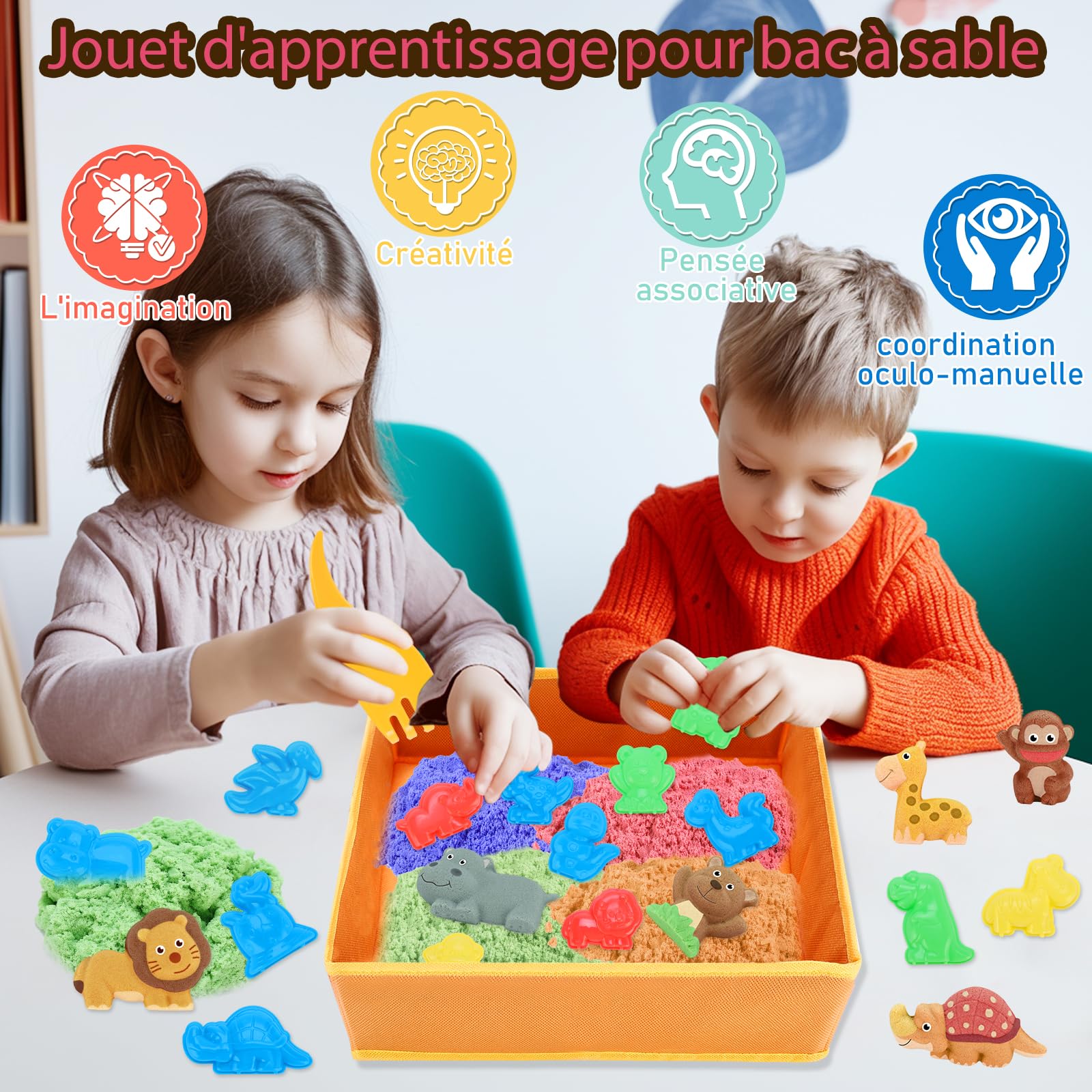 VBACALA Bac à Sable Magique Pour Enfants, Bac àSable Magique Pliable Avec 796g De sable, Moules à SablePour Animaux Sauvages, Pour Filles Et Garçons Cadeau De Jouet De able Pour Enfants 3 4 5