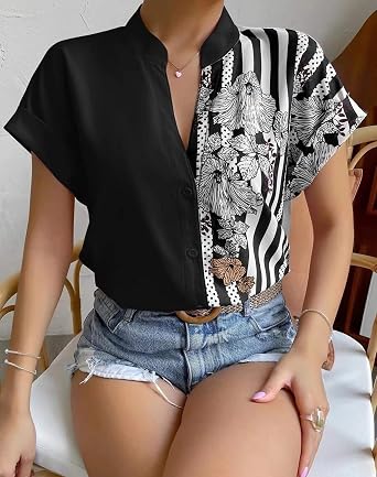 Pantete Womens Patchwork Button Down Shirt V Neck Short Sleeve Striped Blouse Tops