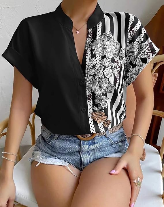 Pantete Womens Patchwork Button Down Shirt V Neck Short Sleeve Striped Blouse Tops