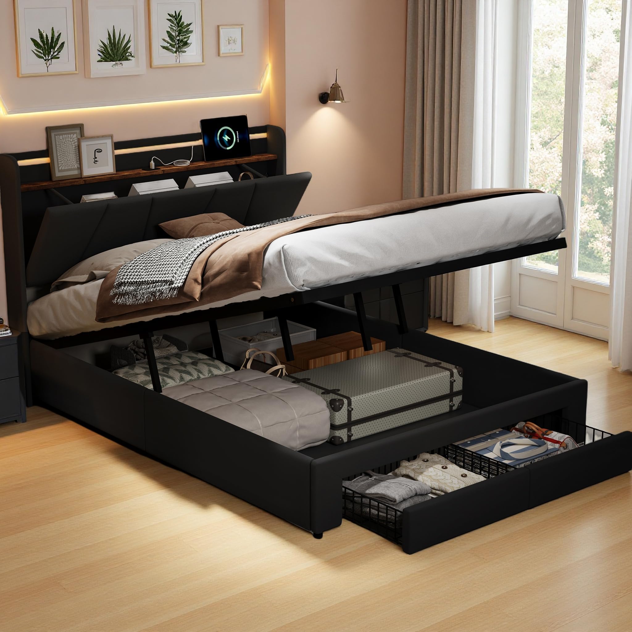 Łóżko tapicerowane 140 x 200 cm, podwójne łóżko z oświetleniem LED, przyłącza USB i typu C, hydrauliczne, ze skrzynią na pościel, łóżko młodzieżowe, rama łóżka z zagłówkiem, tkanina lniana, bez