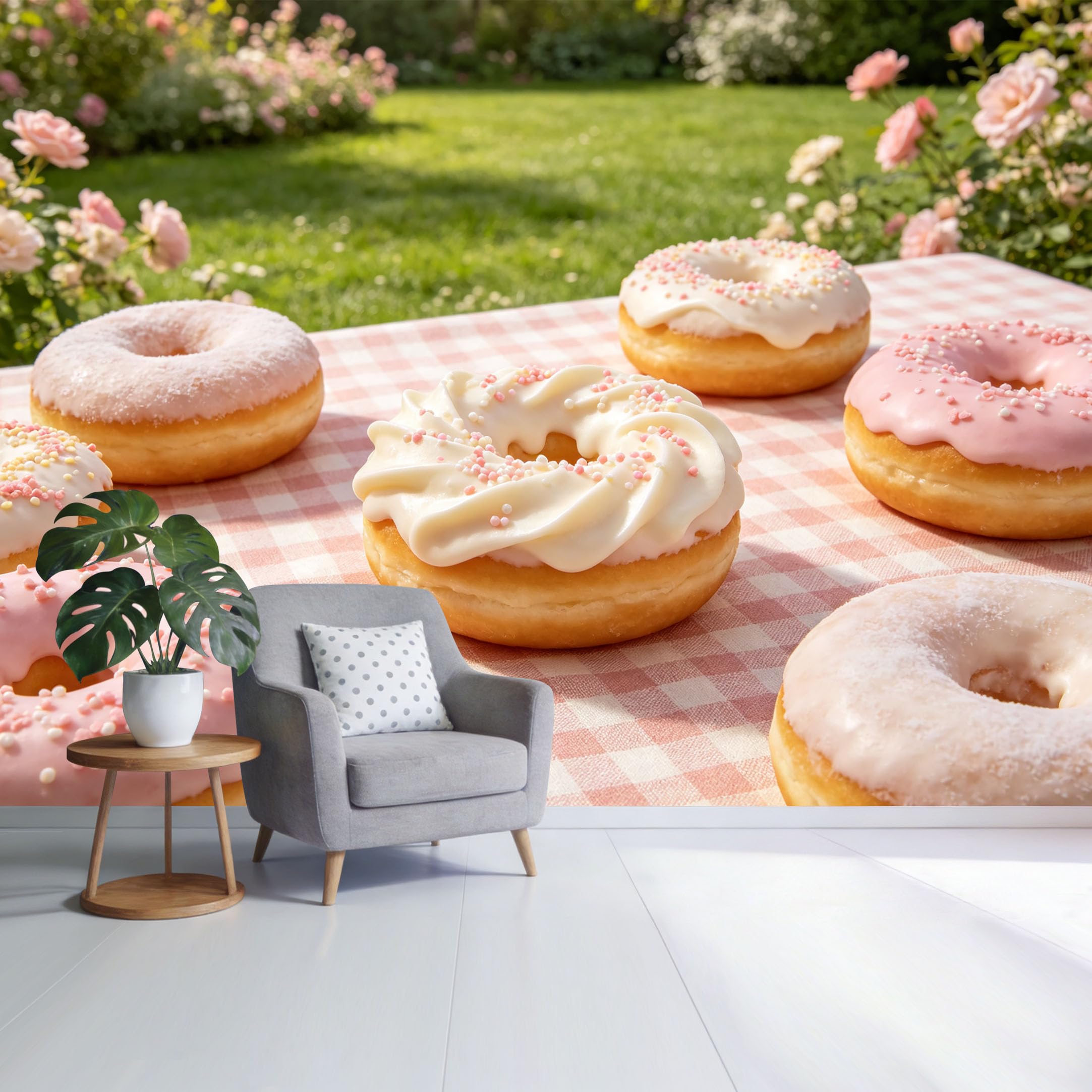 Custom Size Wall Mural Pastel Donuts Garden Picnic Bakery Pink Icing Pattern SelfAdhesive Wall Fabric Removable Wallpaper for Home Office Decor