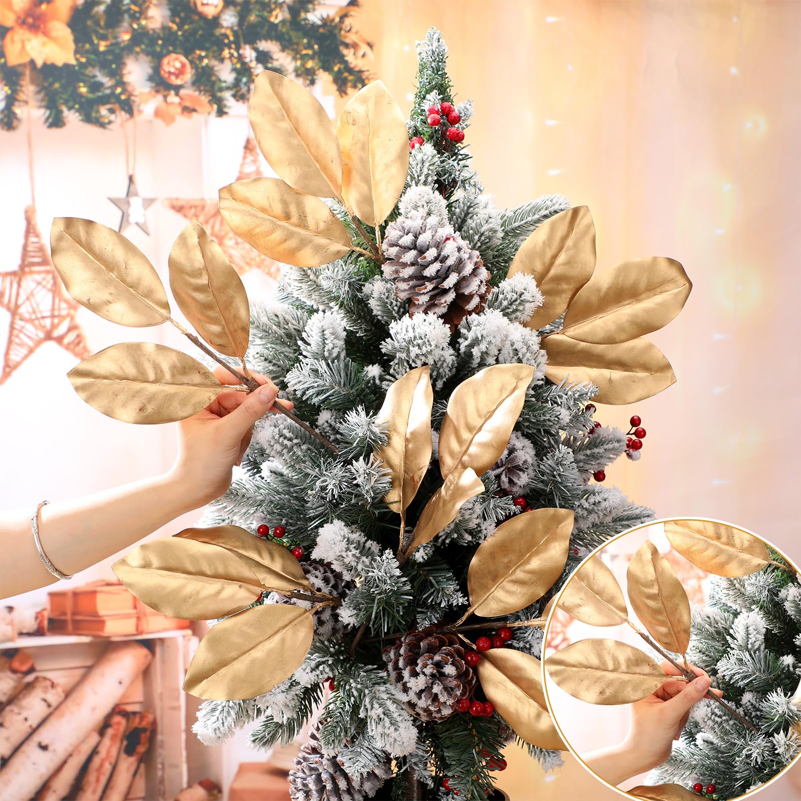 Thiccywoov 12 Stück 32,6 cm große Weihnachts-Magnolien-Plektren, künstliche Magnolien-Zweige, künstliche Weihnachts-Magnolienblätter, Picks für Vasen, Arrangement, Tischdekoration, Party, Weihnachten,