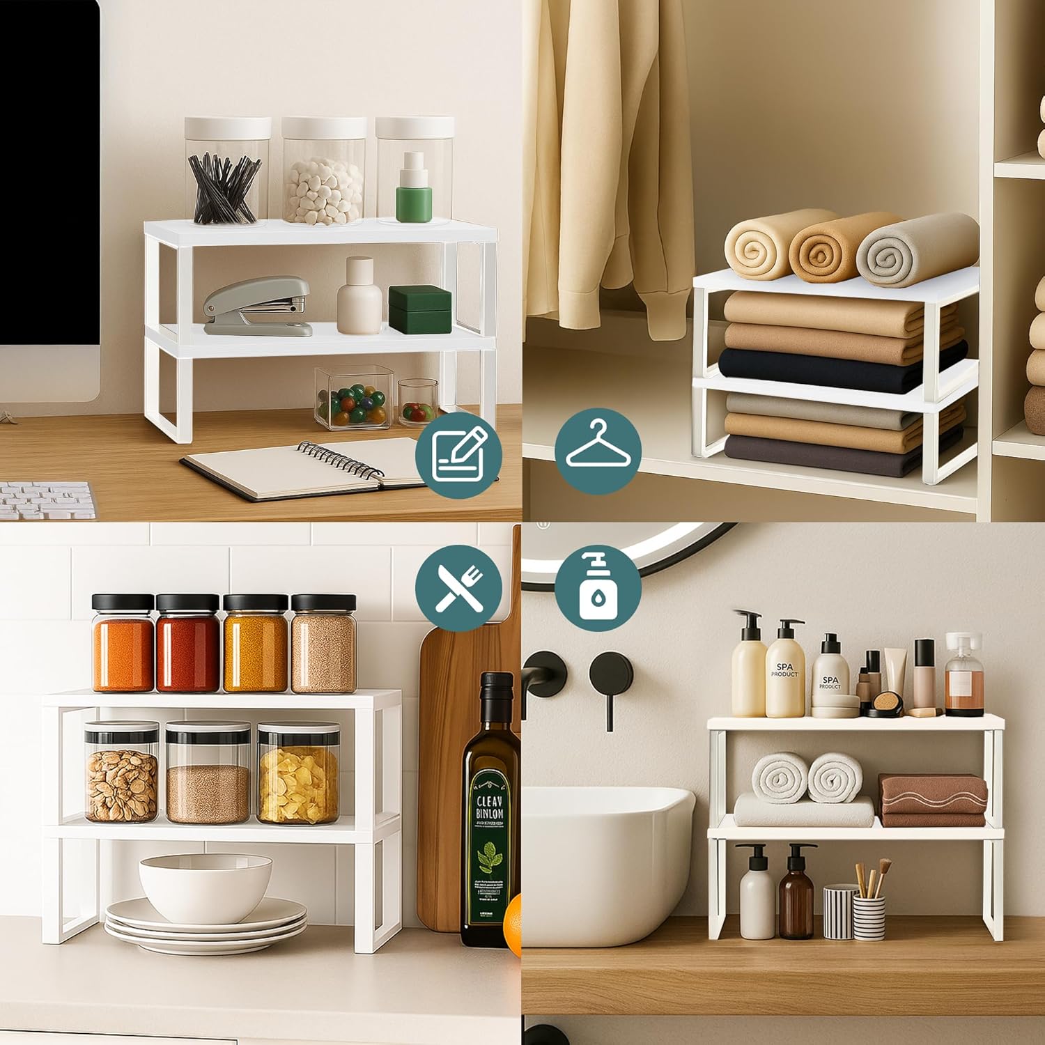 Sben Cabinet Organizer Shelf, Set of 2 Kitchen Counter Shelves, Kitchen Storage, Spice Rack, Stackable, Expandable, Metal and Engineered Wood, White