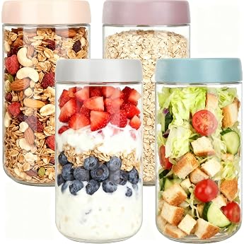 Pack of 4 Overnight Oats Glasses 680 ml Meal Prep Glasses with Screw Lid Overnight Oat Jars Airtight Meal Prep Glass for Salad Cereal Yogurt Jam