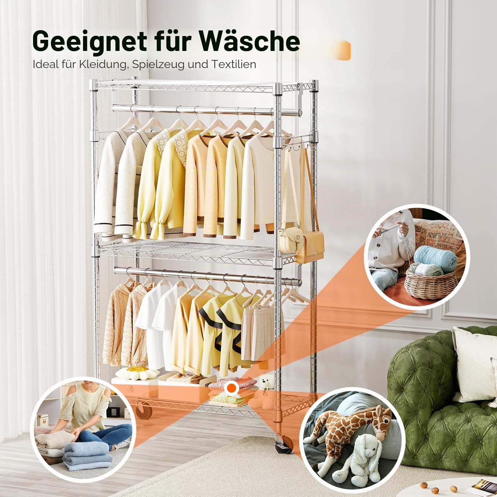 M MZG Robuster rollbarer Kleiderständer mit 3 Ebenen, Verstellbarer Drahtregal, Kleiderständer mit 2 Stangen und seitlichen Haken, Aufbewahrungsschrank Chrom 40 x 75 x 189,3 cm
