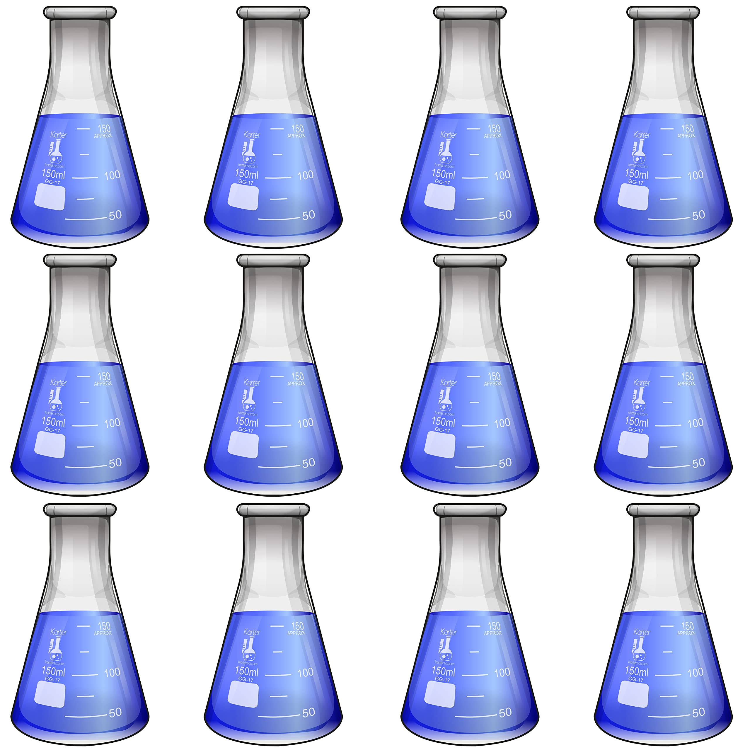 150ml Narrow Mouth Erlenmeyer Flask, 3.3 Borosilicate Glass, Karter Scientific 213G19 (Pack of 12)