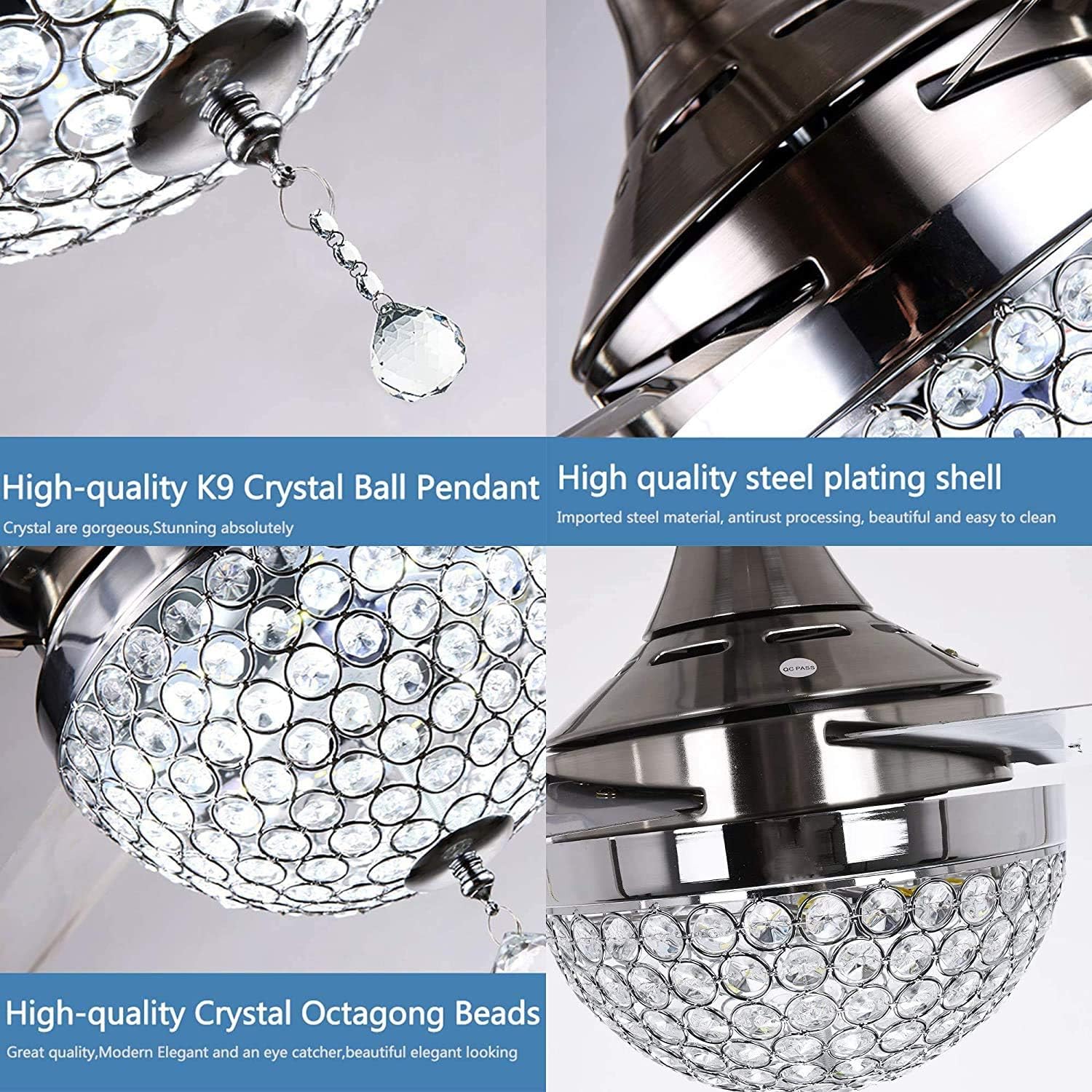 Limited Fandelier Crystal Ceiling Fan with Light LED Lamp 4 Stainless Steel Blades 44 inch Ceiling light Chandelier for Bedroom Livinng room Kitchen