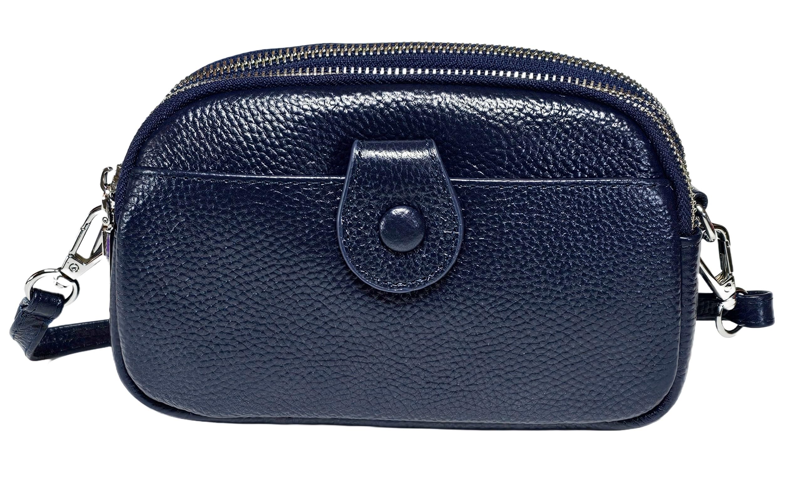 Women Small Genuine Real Leather Crossbody Shoulder Bag, 3 Zipped Compartments 1 Front Pocket