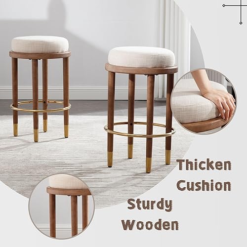 Miniatura 3 de Juego de 2 taburetes de bar de altura de mostrador de 26 pulgadas, taburetes de bar redondos tapizados de lino beige con patas de madera natural,