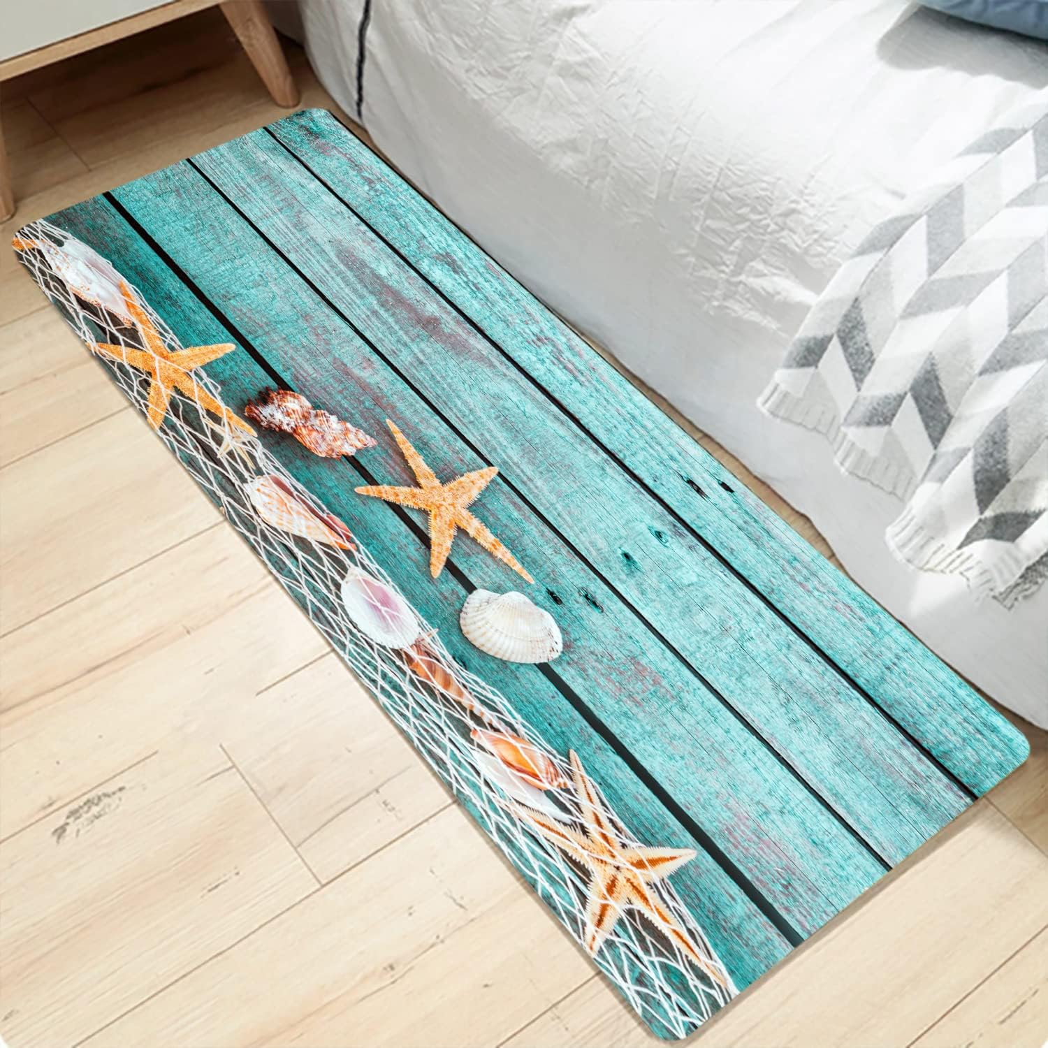 Bath Rugs Sponge Foam Absorbent Soft for Bathroom and Kitchen (59x23 inches), Flannel Mat Non Slip Bright 3D Print for Bedside and Living Room(Starfish on Blue Wooden Board)