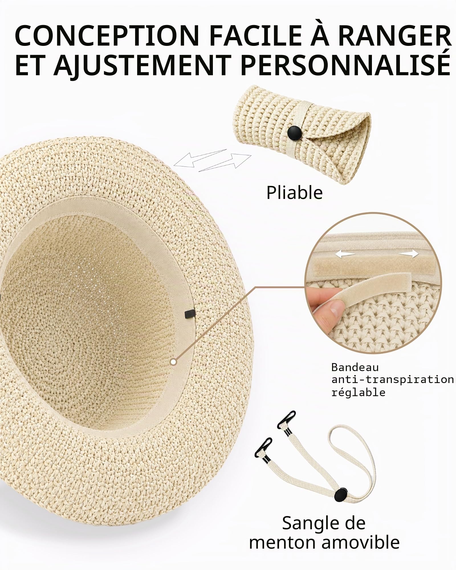 Zylioo Chapeaux de paille XXL - Grand chapeau de voyage d'été - Taille S M - Large bord - UPF 50 - Pliable