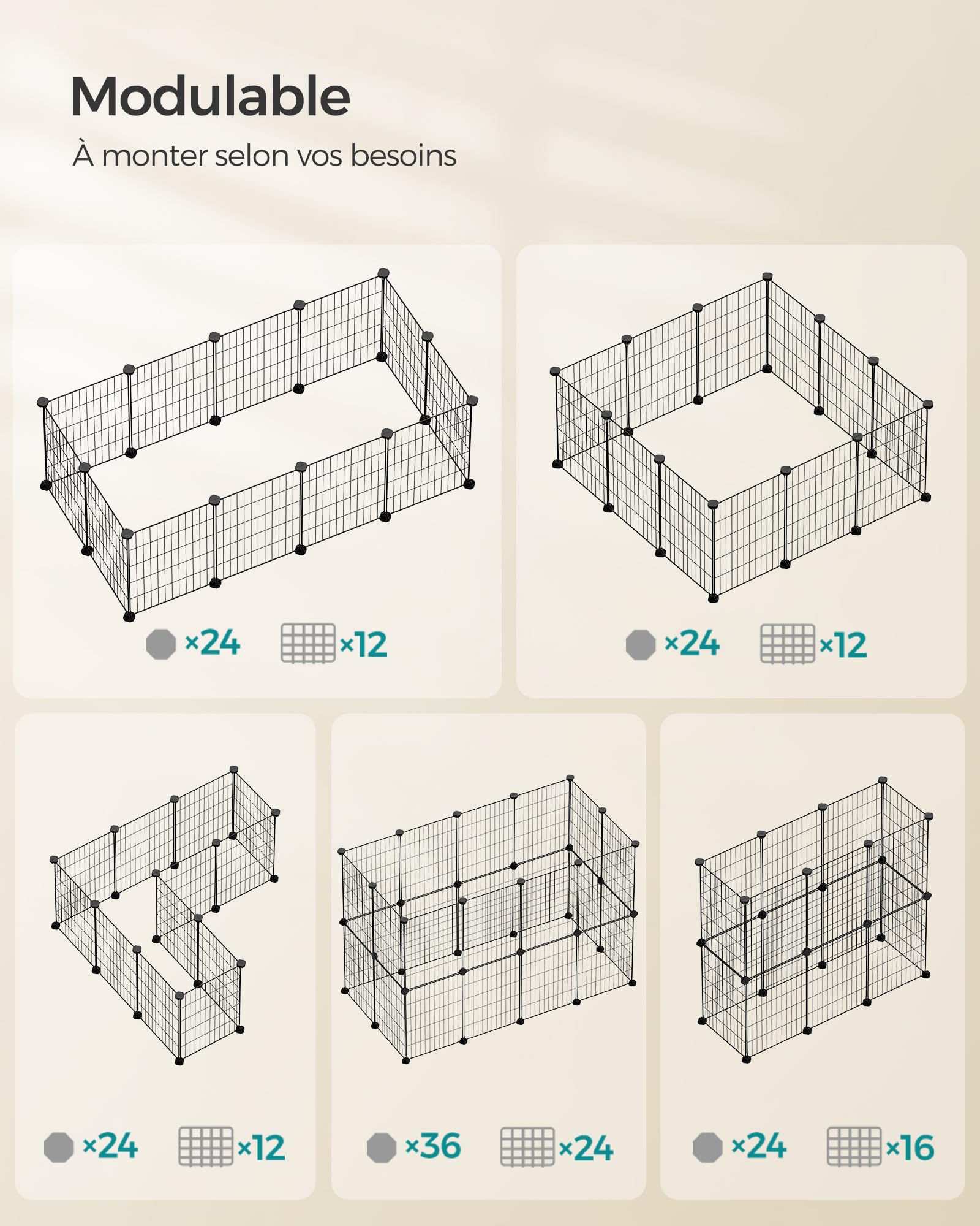 SONGMICS LPI001B01 Parc d’intérieur pour Cochon d’Inde, Cage à Lapin, Grande Enceinte d’Exercice, clôture modulable en métal à Monter soi-même pour Hamster, Animal de Compagnie, Petits Animaux - Noir