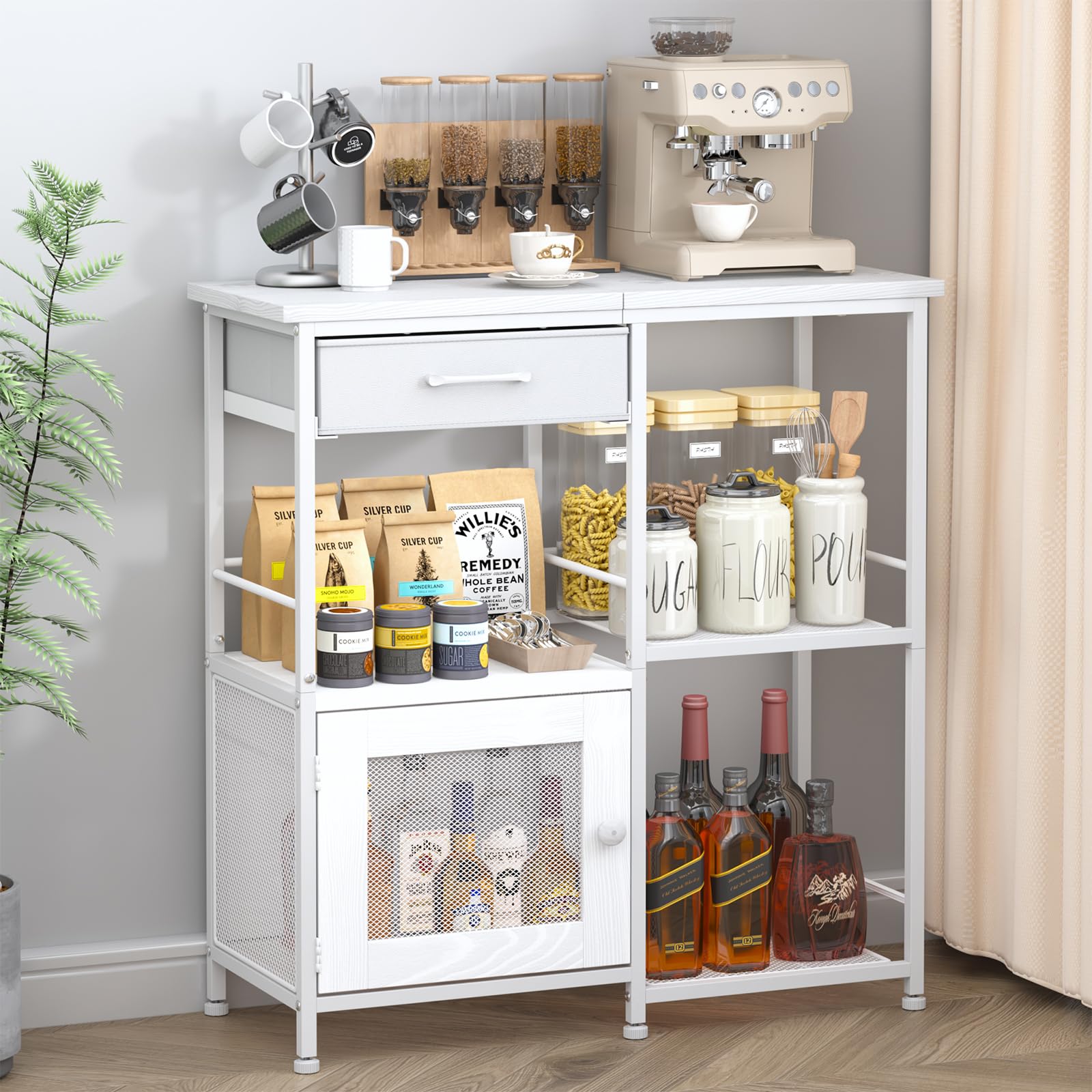 SWTYMIKI Coffee Bar Cabinet for Home - Farmhouse Coffee Stand Station Multi-Purpose Buffet Sideboard Cabinet - Kitchen Bar Table for Living Room, Corner, Small Space, White