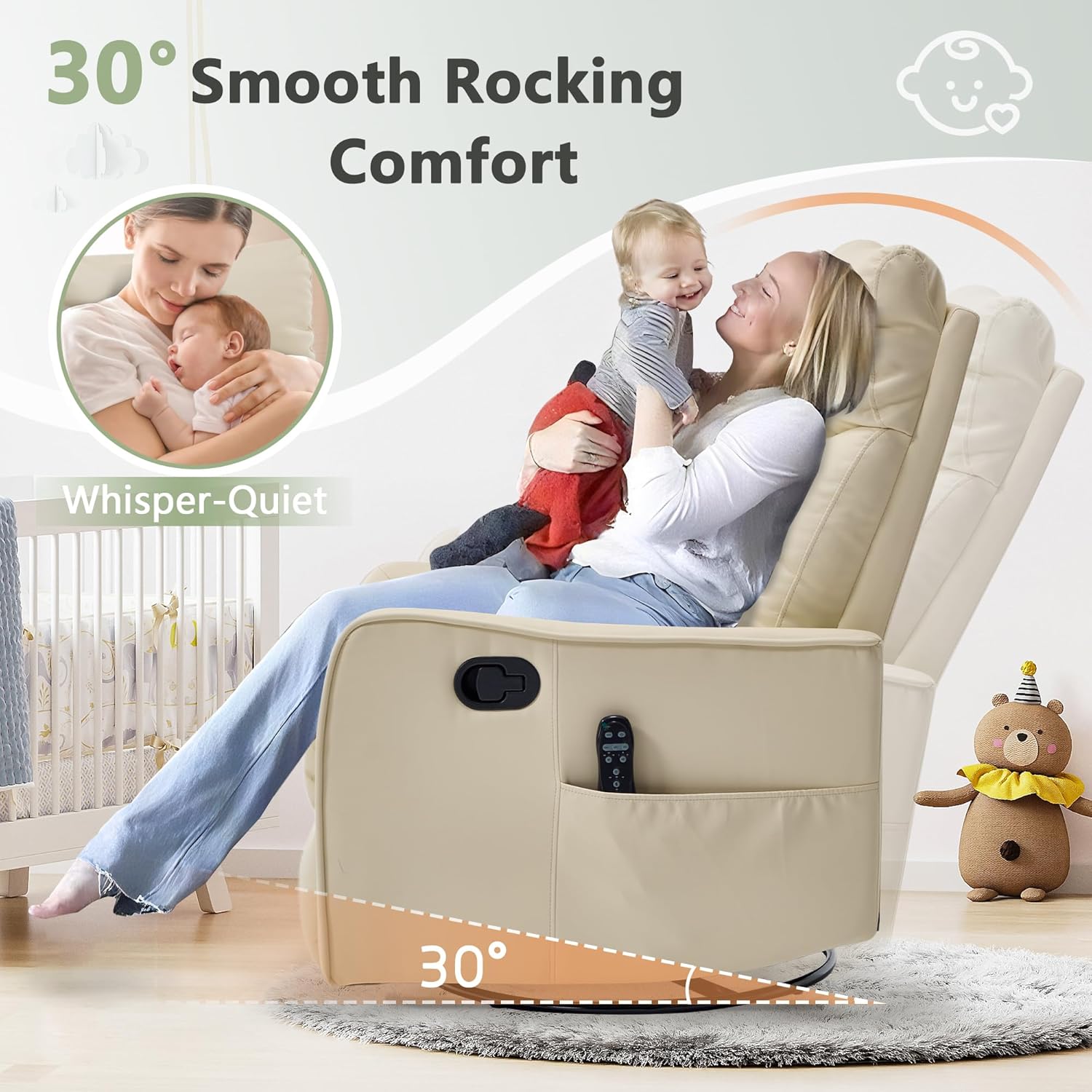 cinkehome Swivel Rocker Recliner, Glider Rocker Recliner Chair for Nursery, Manual Reclining Chair with Heated Massage, Small Spaces, Living Room, Faux Leather Beige
