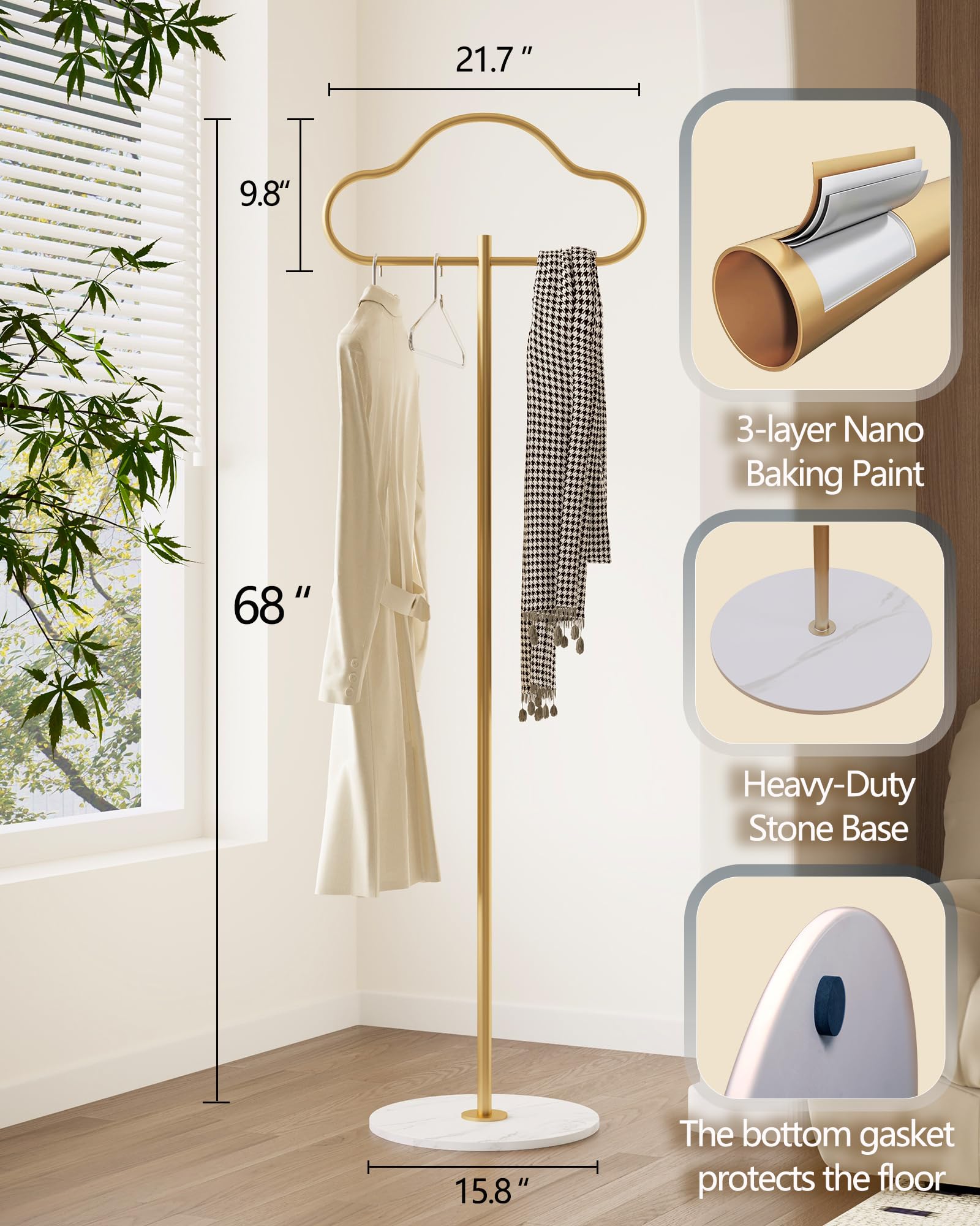 Porte-manteau doré autoportant avec base en marbre robuste, présentoir pour vêtements, chemises, petit porte-vêtements sur pied en métal pour coin pour chambre à coucher, entrée de boutique