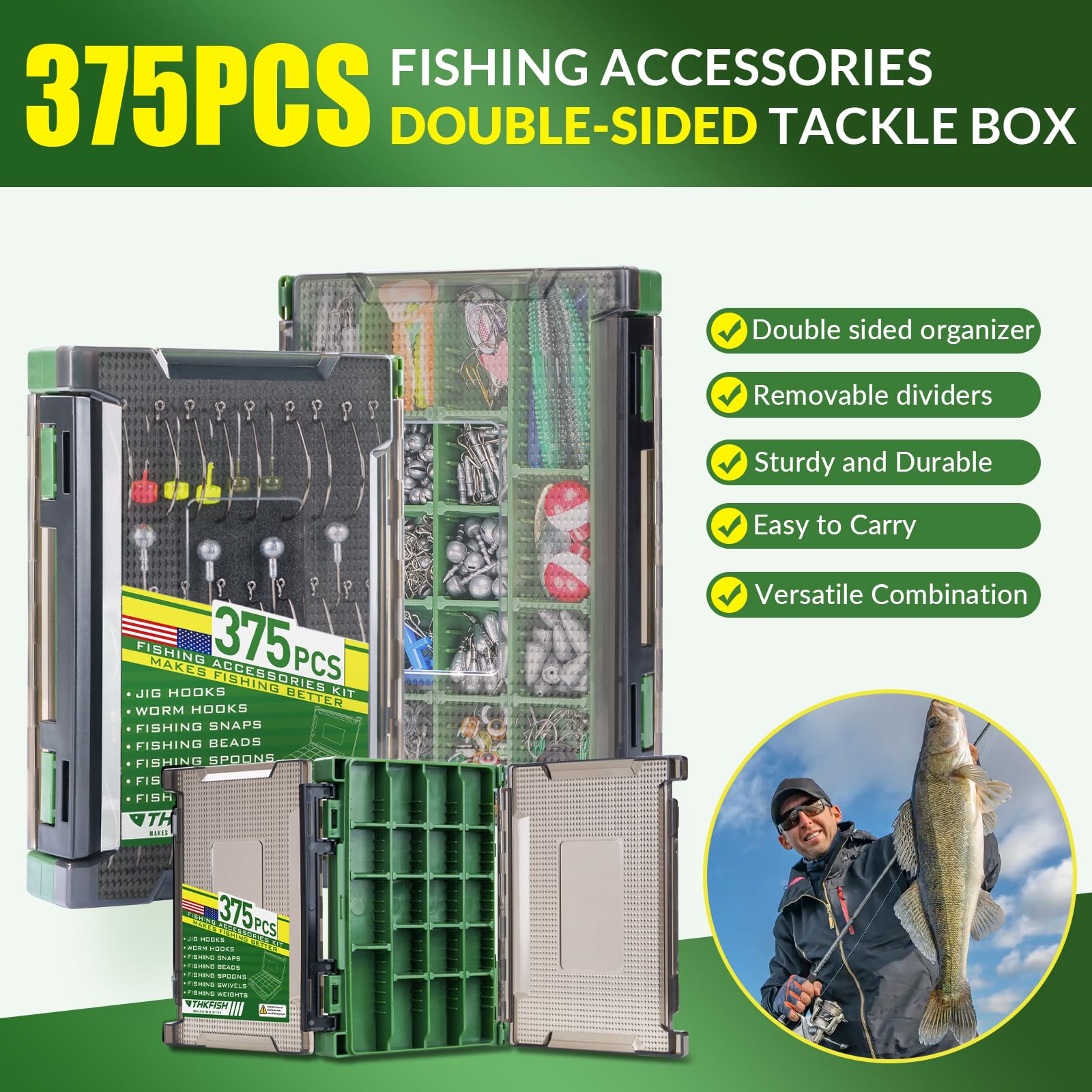 THKFISH Kit di accessori da pesca da 375 pezzi, scatola organizzata su entrambi i lati con attrezzatura da pesca inclusa esche da bagno, ami da pesca, piombini per pesi, attrezzatura da pesca per