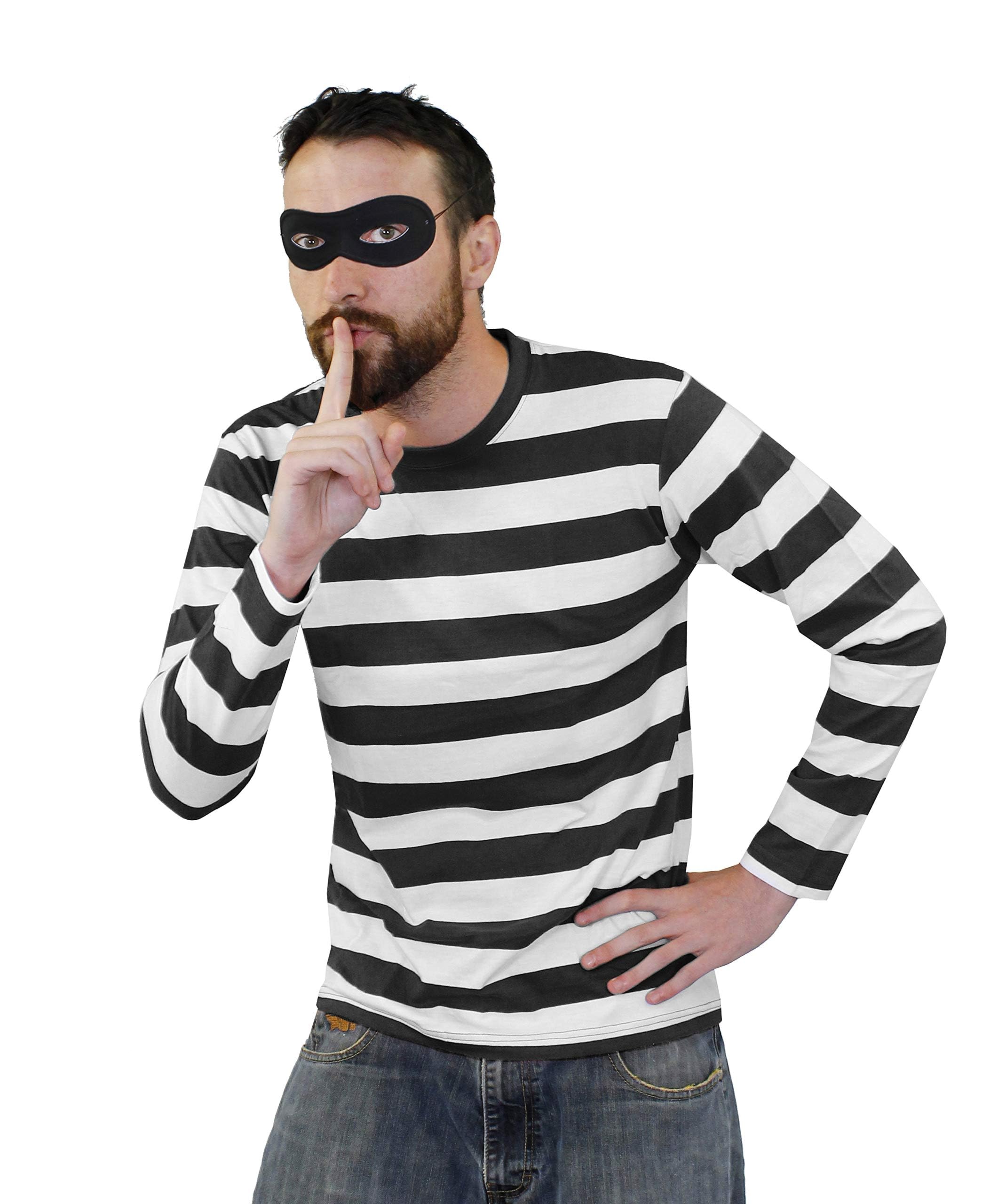 Burglar Costume Fancy Dress Adults - Black & White Stripe Top With Black Eye Mask Unisex Robber Thief Outfit - Perfect for Parties (Small)