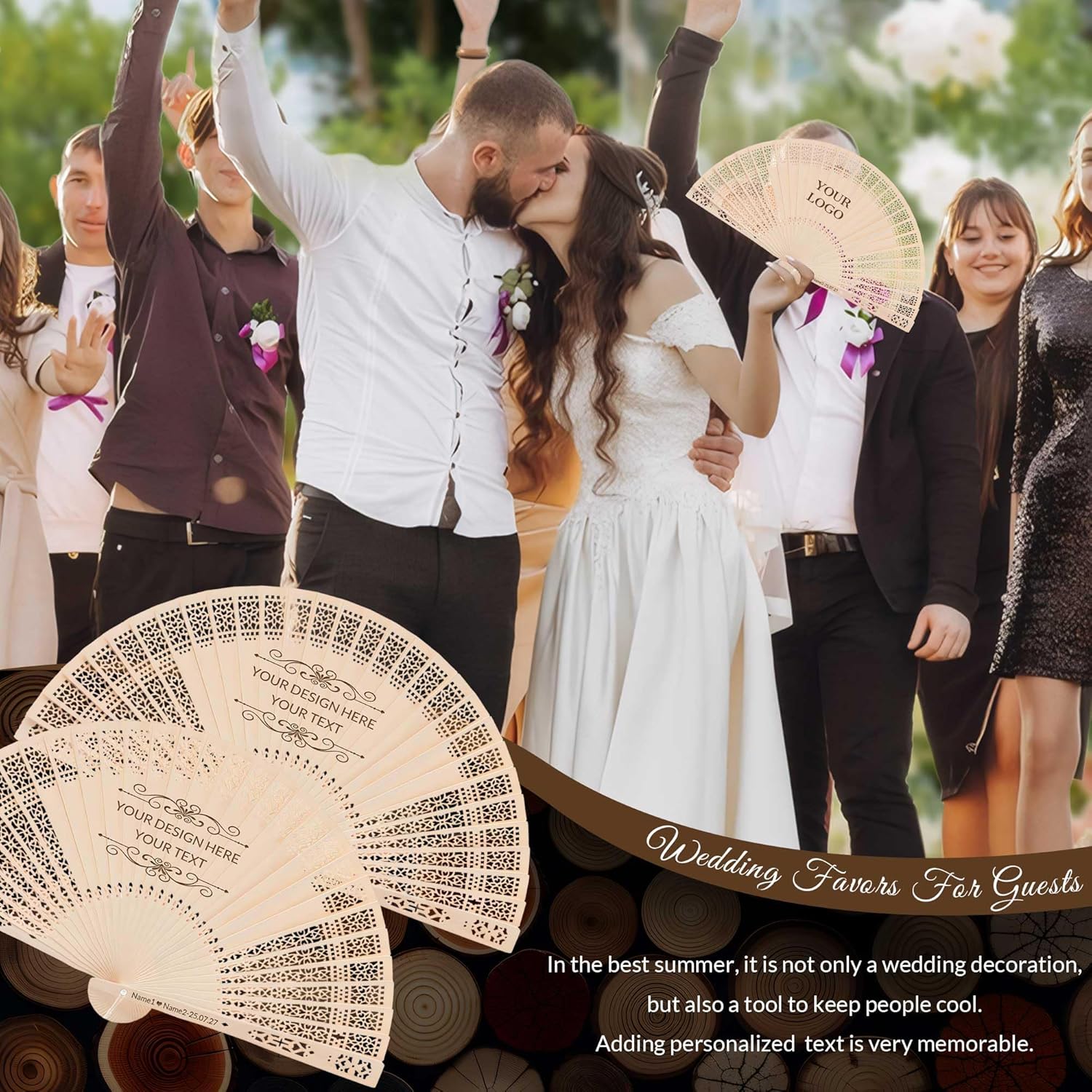 50 PCS Custom Fans Personalized Folding Fans for Line Dancing Wooden Hand Fan Wedding Favors Bulk Fans for Guests Party Event Use (Style16)