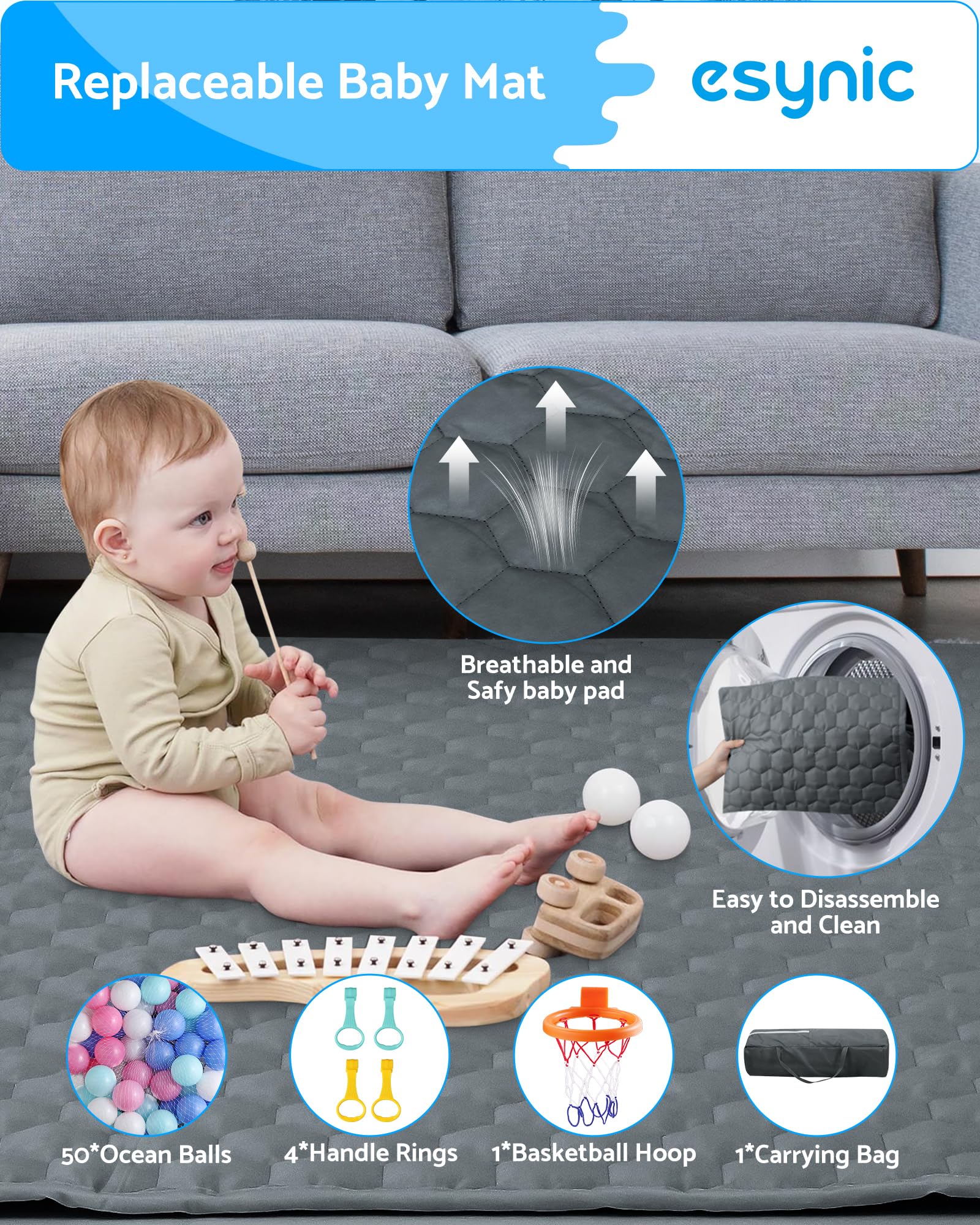 eSynic Corralito Bebé Portátil 150x150cm, Parque Infantil Plegable con Alfombrilla + 50 Bolas, Canasta Baloncesto, Malla Transpirable, 4 Agarraderas y Bolsa Transporte - Juegos Seguros para Bebé