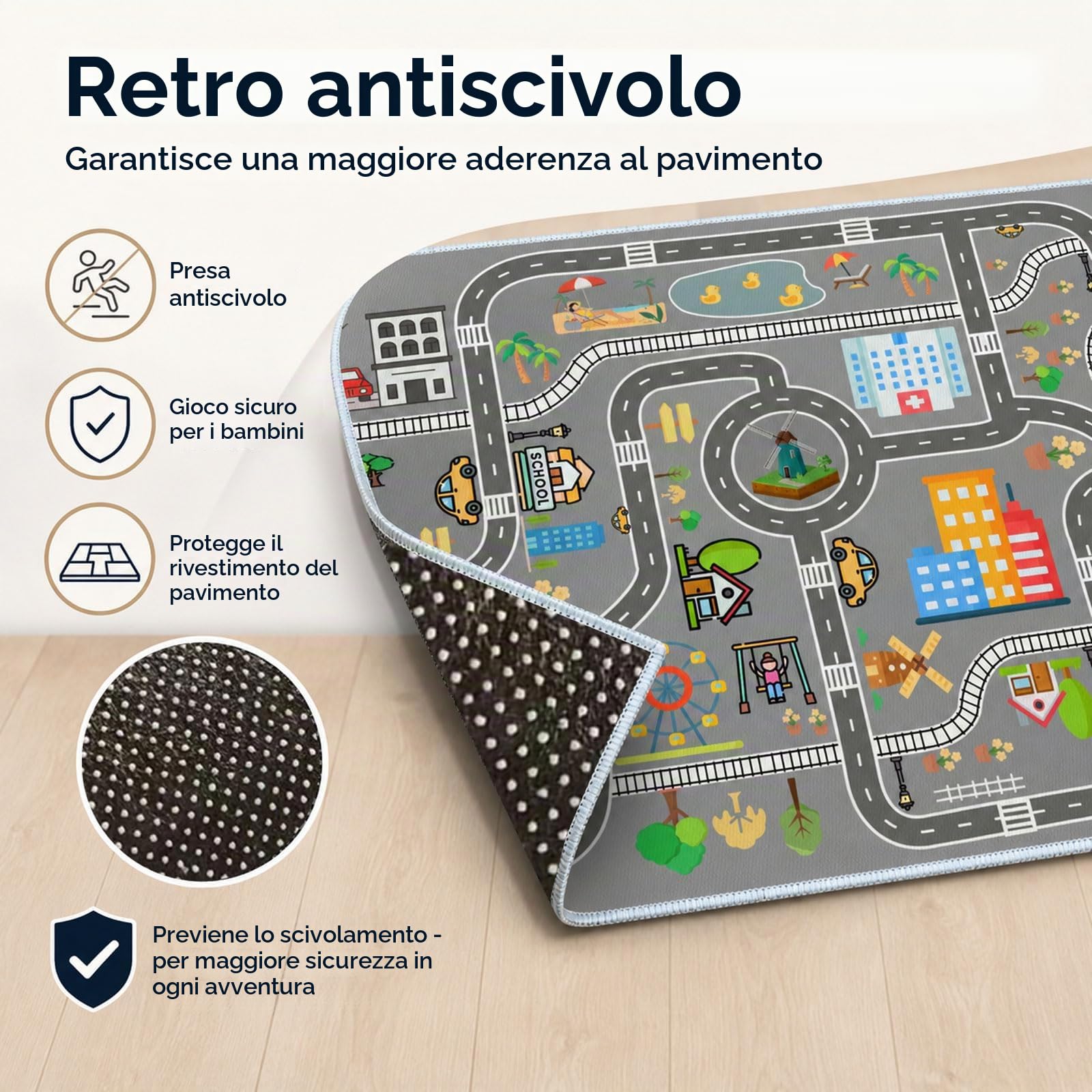 Tappeto Pista Macchinine Strade Antiscivolo Lavabile Gioco per Cameretta Ragazzi e Ragazze (A,90x150cm)