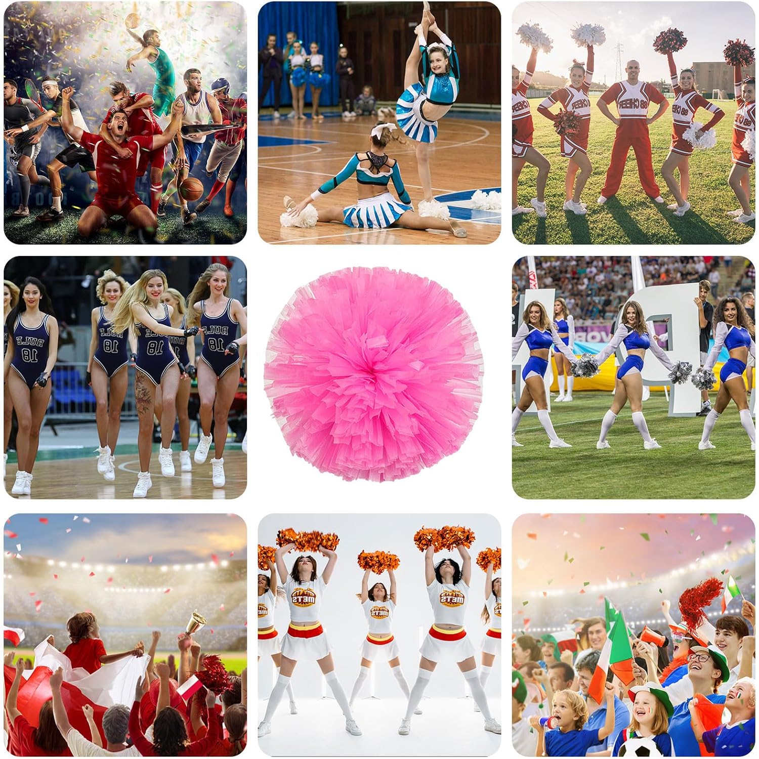 20 PCS Cheerleading Poms, 13.8inch Sports Dance for Sports Team Spirit Cheering with Finger Rings (Pink)