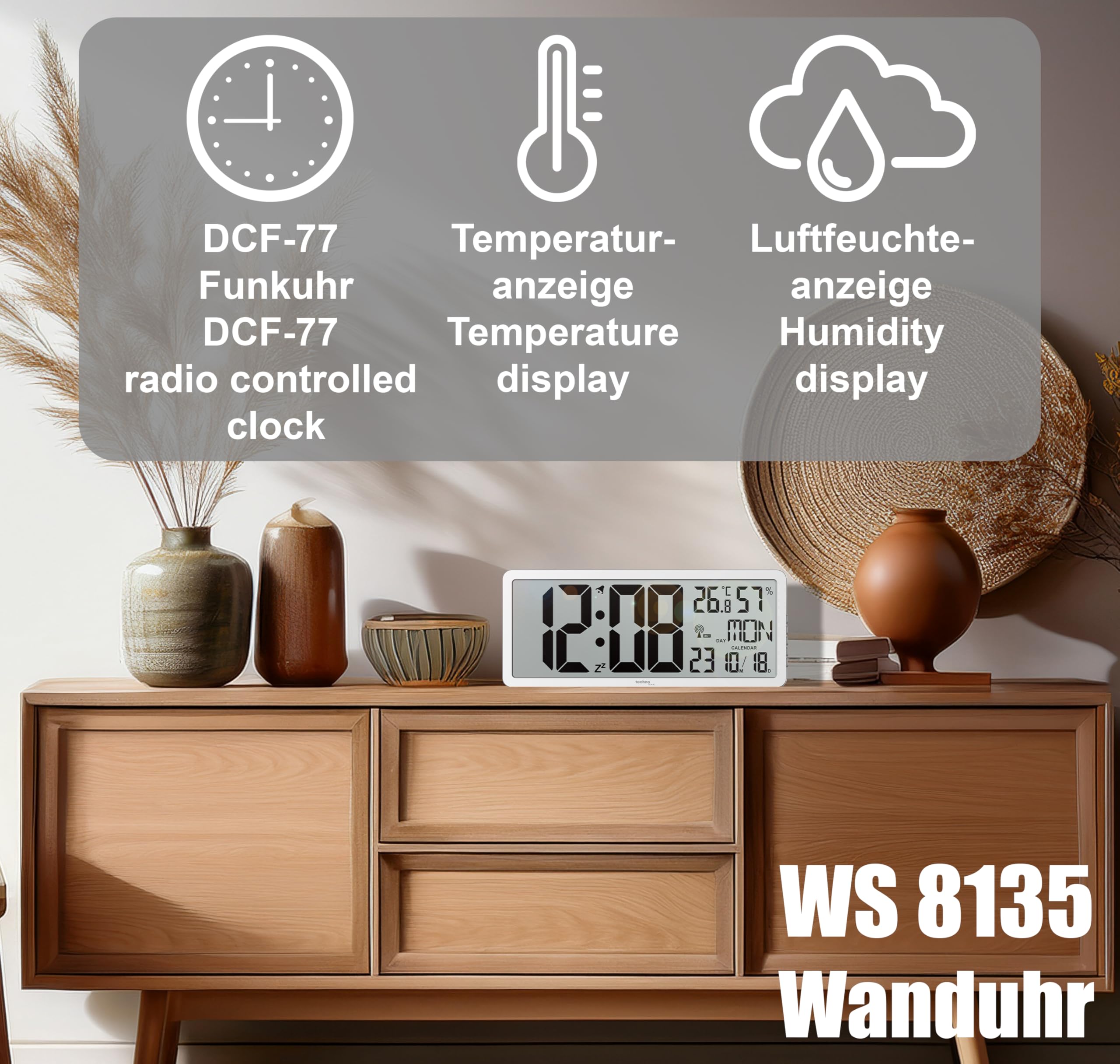 Technoline WS 8135 Funkwanduhr mit DCF77 Funkuhr | XXL LCD Display | Innentemperatur & Luftfeuchtigkeit | Kalender mit Wochentag | Wecker mit Snooze | Wand- und Tischuhr | 24/12h Anzeige
