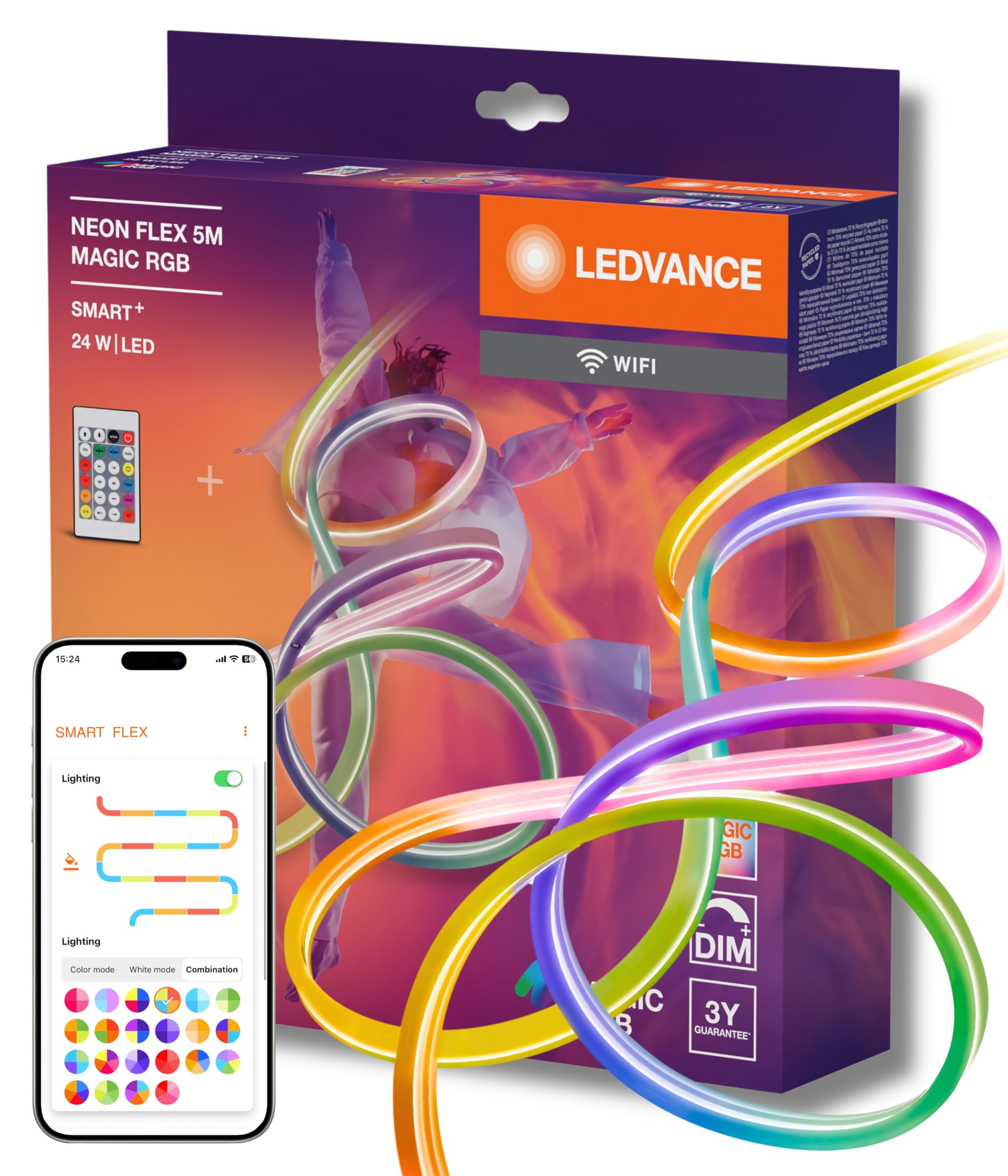 LEDVANCE SMART WIFI NEON FLEX MGC RGB RC striscia LED colorata per esterni con tecnologia WiFi e distribuzione omogenea della luce; dimmerabile; bianco; silicone; 5 m; lampadina non sostituibile