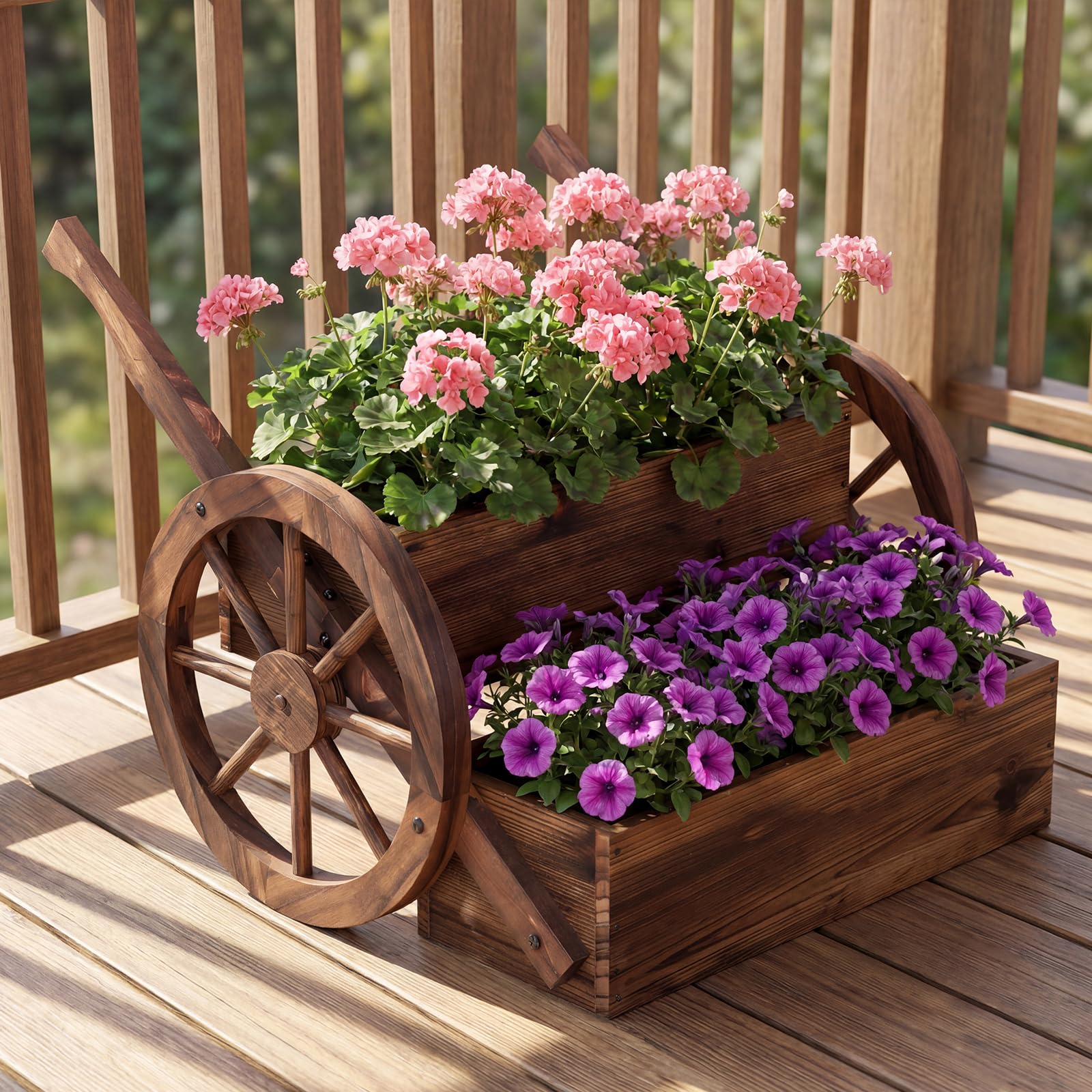 COSTWAY Fioriera Rialzata a 2 Livelli, Carretto di Legno con Fori di Drenaggio, Semi-Ruote e Guanti, per Verdure, Erbe Aromatiche, Fioriera da Interno ed Esterno per Patio, Giardino e Balcone