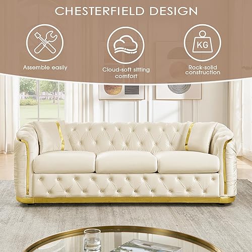 Miniatura 5 de Sofá Chesterfield de 3 plazas moderno de mediados de siglo de 84.6 pulgadas, sofá de terciopelo blanco beige y dorado, sofás de lujo para sala de