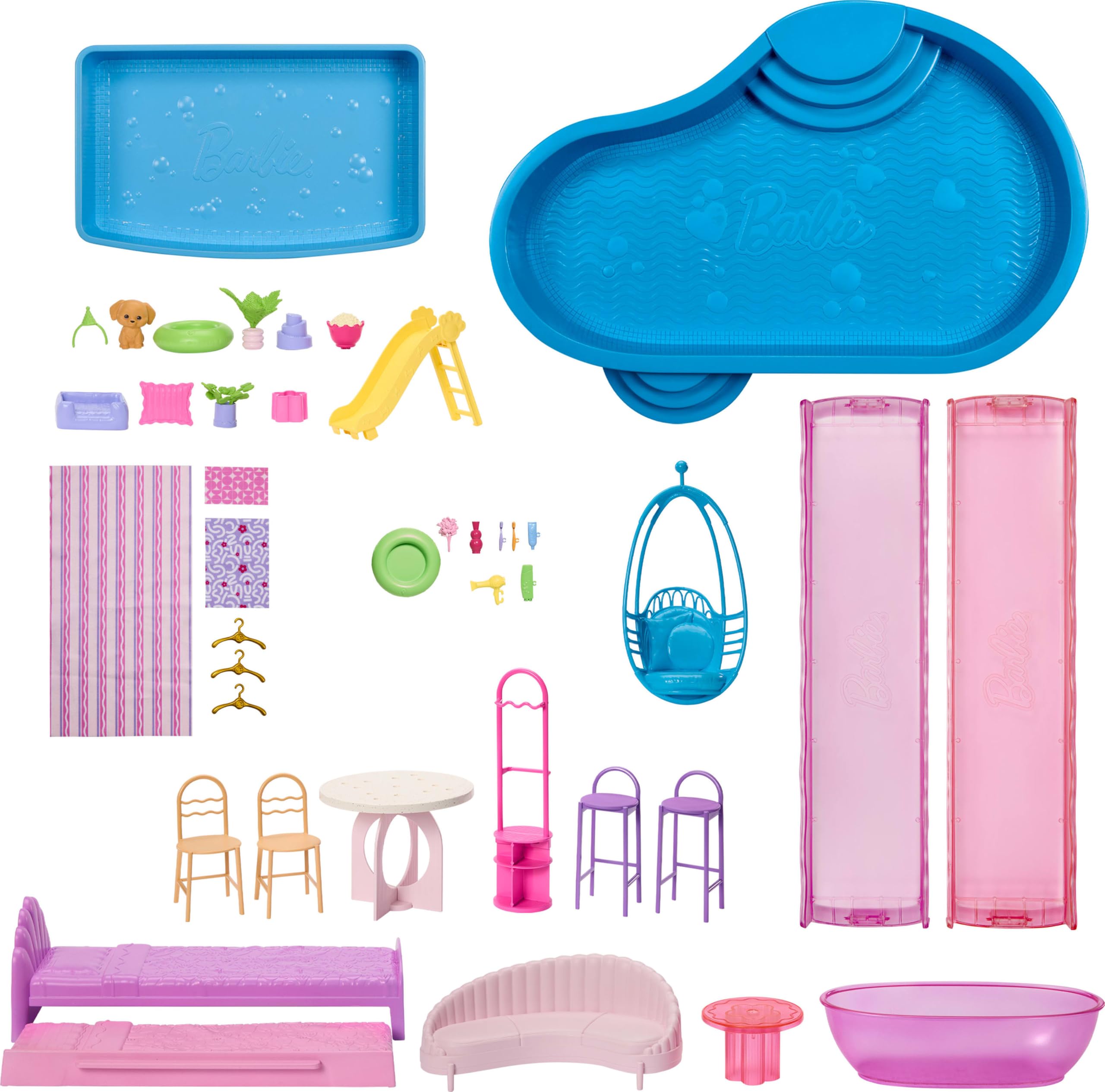 Barbie Dreamhouse Domek dla lalek | 2 baseny, 2 zjeżdżalnie, winda, 9 stref zabawy, 2 domy, 65+ elementów z meblami i akcesoriami, JKG84