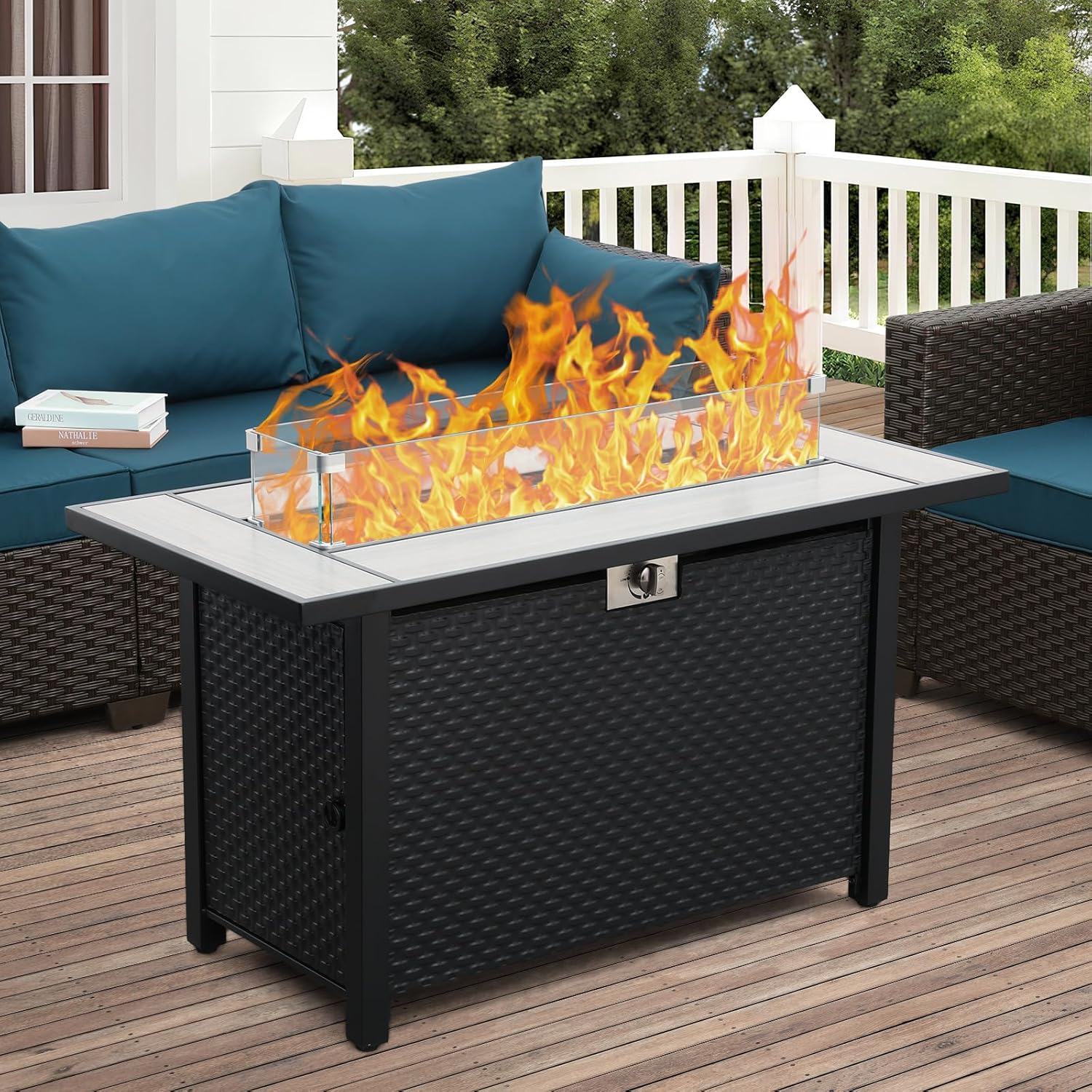 45 Inch Fire Table for Outside 60000 BTU Steel Gas Fire Pit Outdoor Fire Pit Table with Woodgrain Marble Tabletop Glass Wind Guard Cover and Blue Crystal Beads
