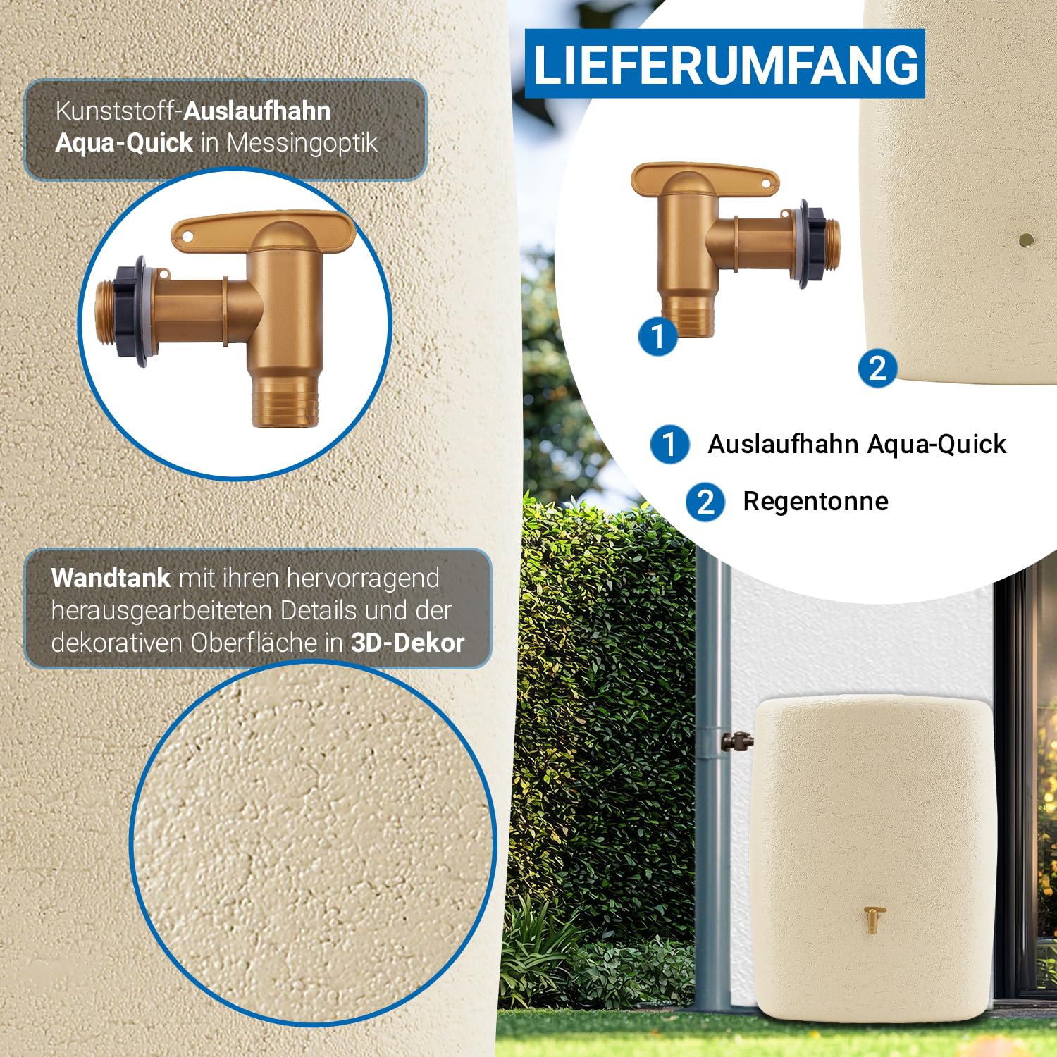 4rain Terra Regentonne 275 L Sandbeige Platzsparender Wandtank | für den Garten