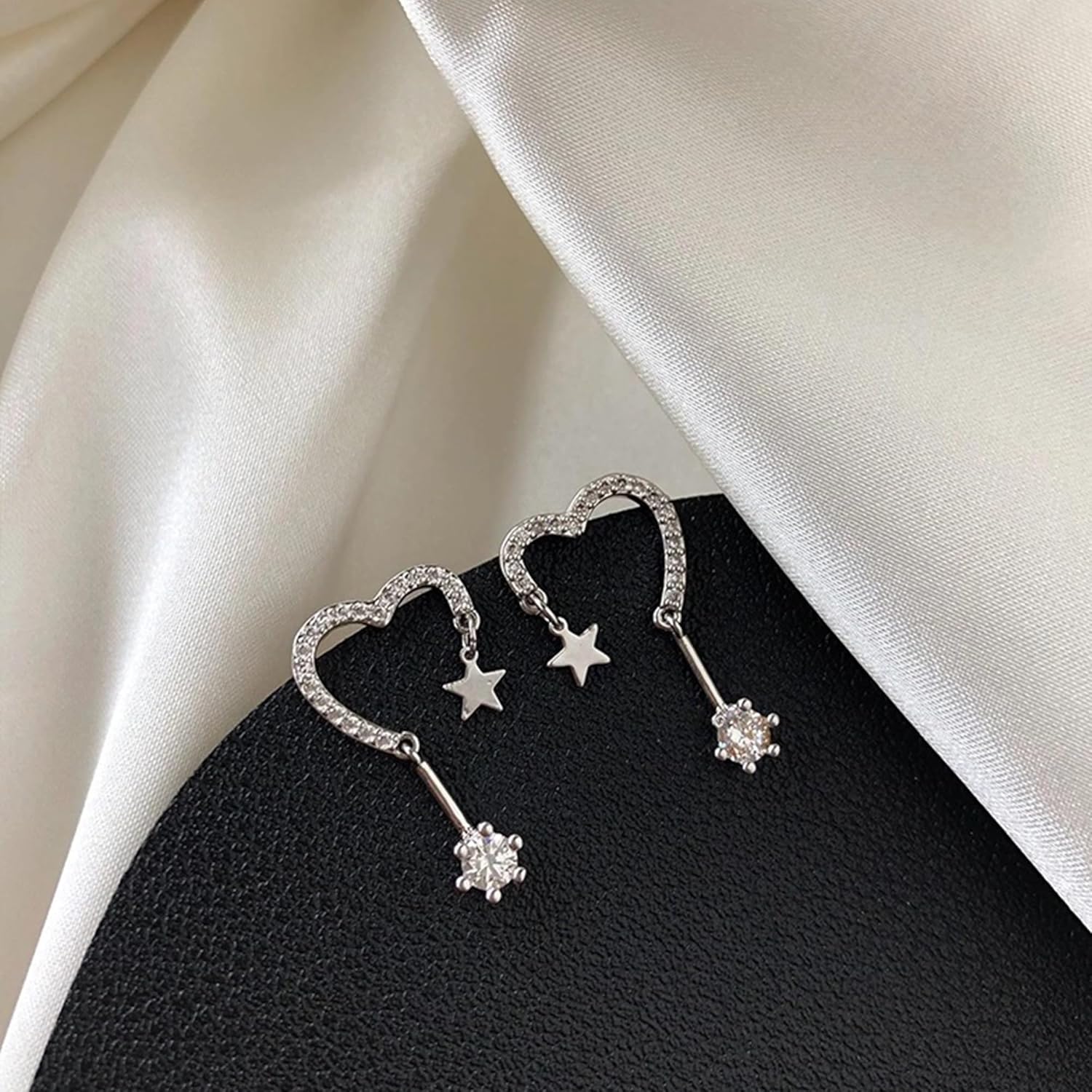 925 Sterling Silver Dainty Heart Hoop Hollowed Earrings for Women Asymmetrical Cubic Zirconia Star Dangle Earrings Hypoallergenic Infinity Sweet Love Jewelry to Daughter Mom Valentines Wedding Gifts - Image 6