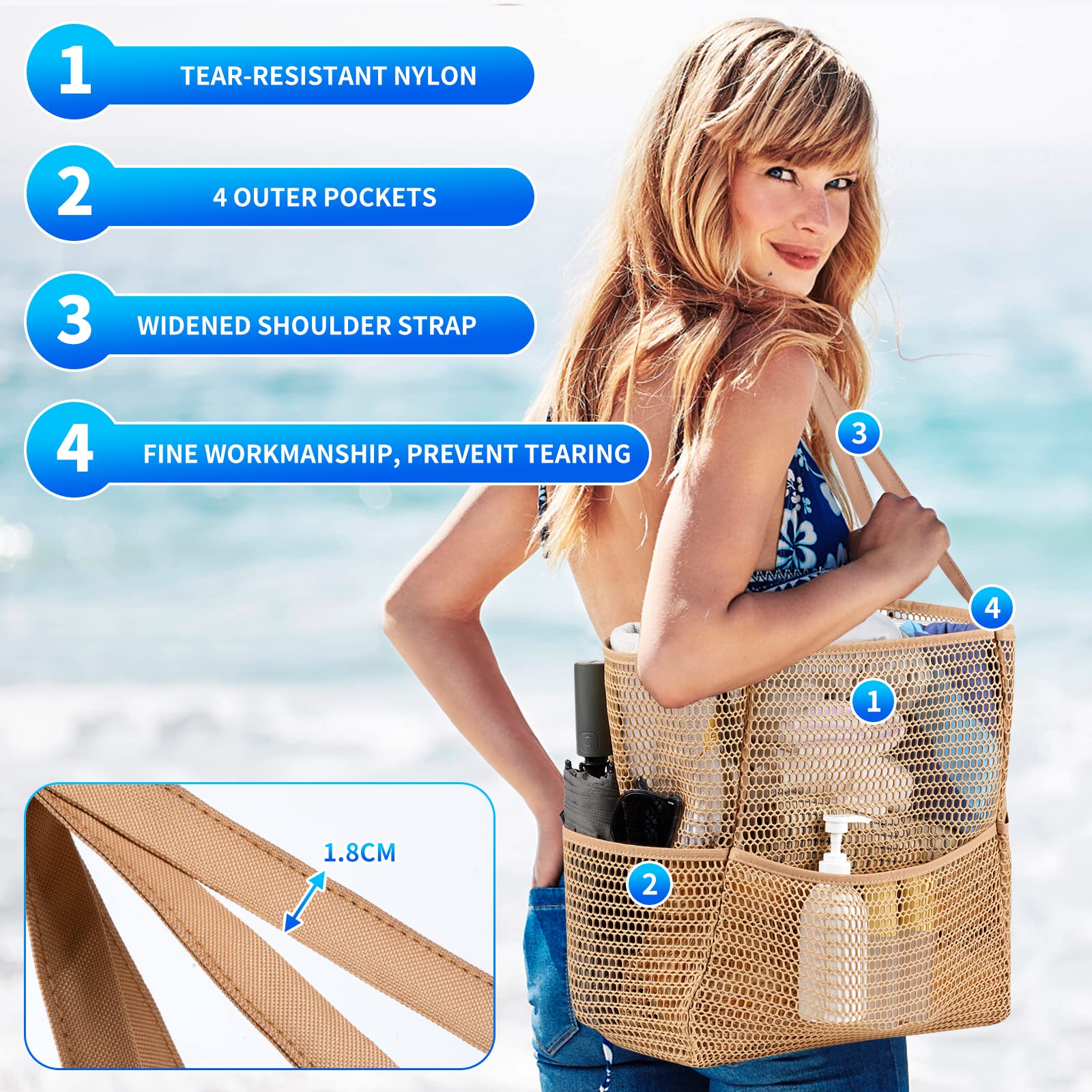 Borsa da Spiaggia Pieghevole in Rete Grande, Donna, Tasche Multiple e Cerniera, per Viaggi Picnic
