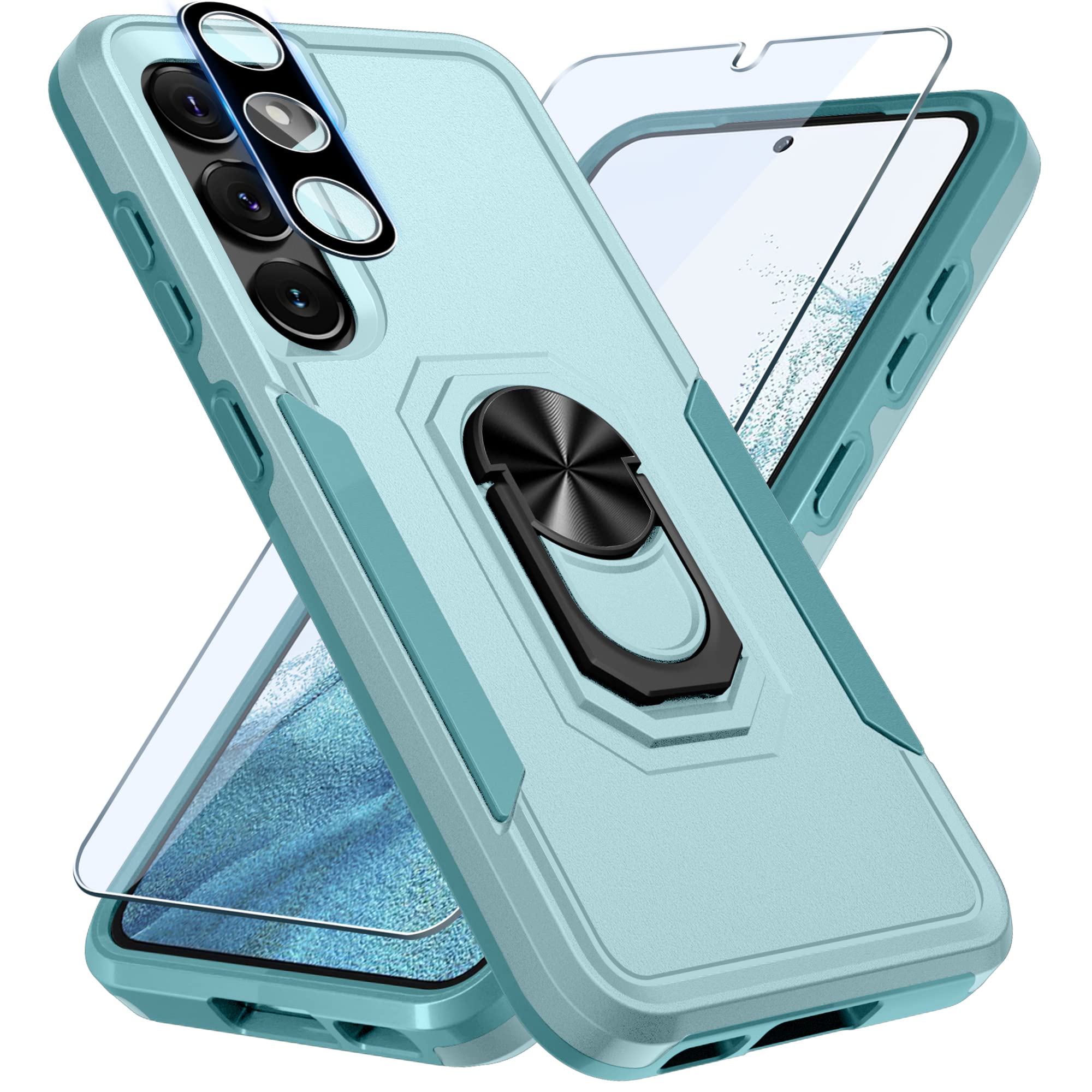 JanmittaSamsung Galaxy S23+ Plus Case with Screen Protector+Camera Lens Protector,Heavy Duty Shockproof Full Body Phone Cover Built in Rotatable Metal Ring Holder Kickstand,2023 Mint Green