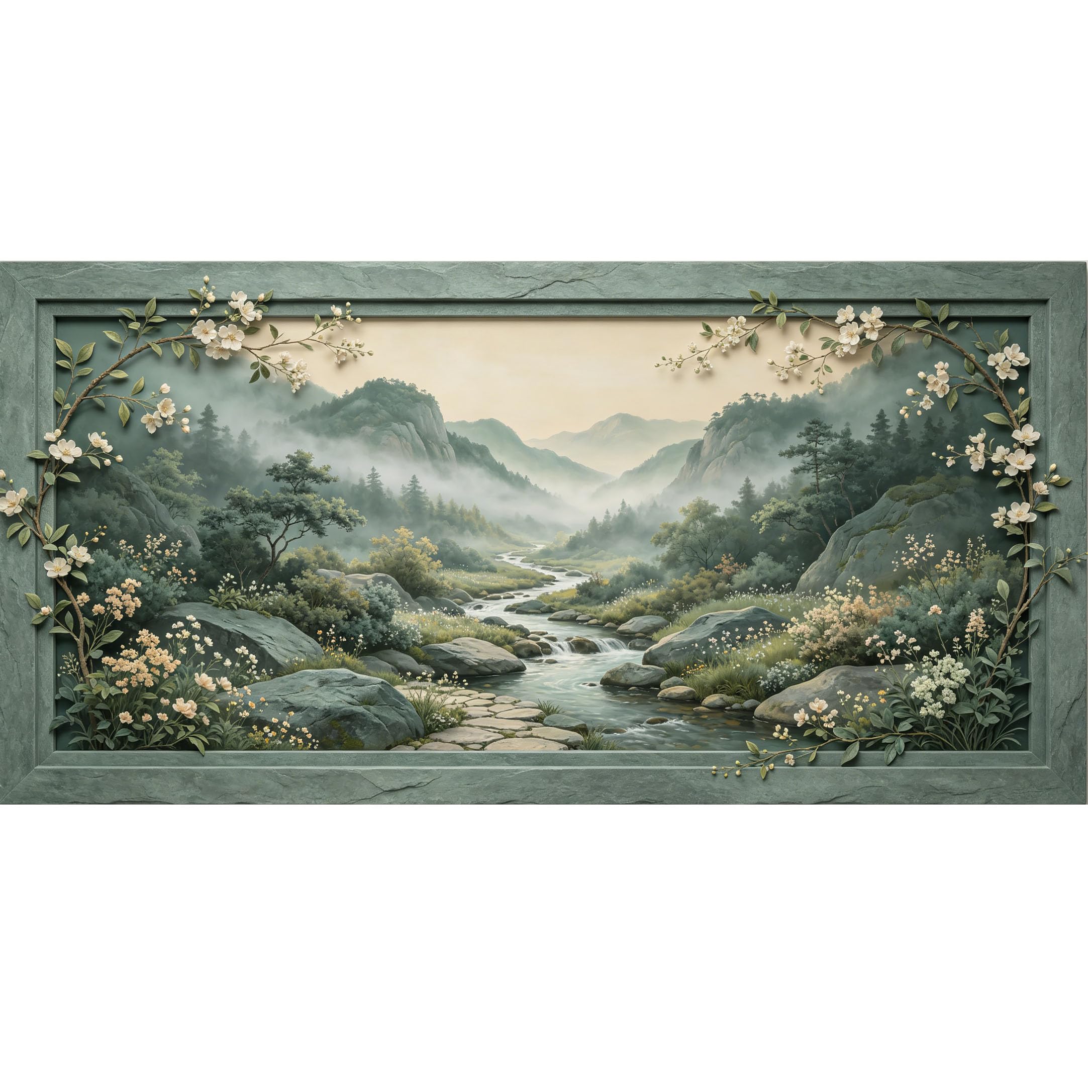 Agglomerix 3D Framed Wall Art Misty Mountain River Landscape Botanical Floral Relief Effect Large Size SelfAdhesive Removable Wall Decor Prints Artwork for Living Room Bedroom Office