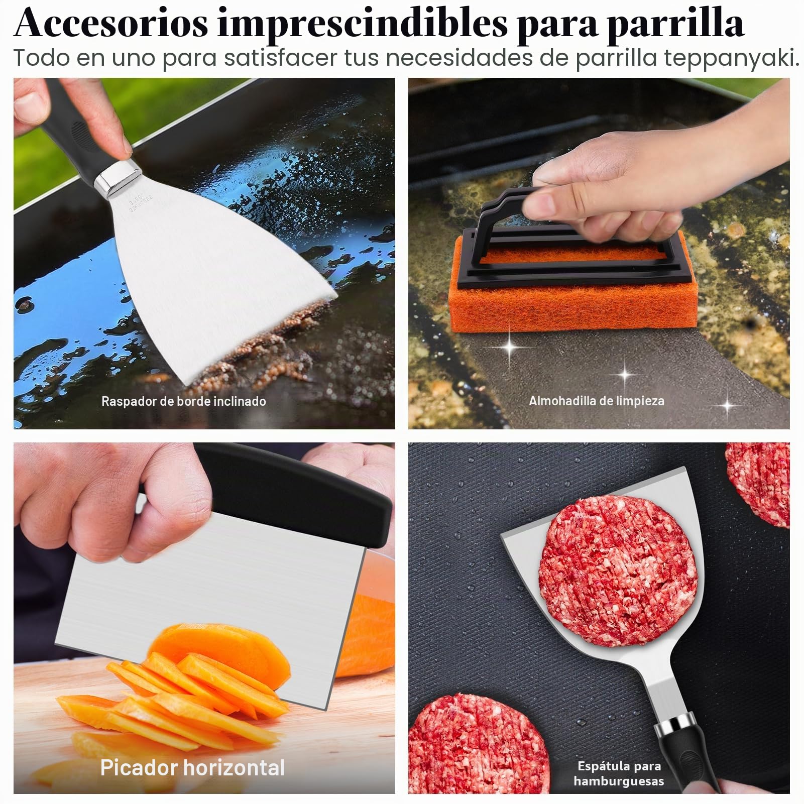 Grilliance 27PCS Juego de Espátulas Plancha Parrilla Accesorios para Hombres, Teppanyaki Set Utensilios Barbacoa Acero INOX, Profesional Hibachi Smash Burger Kit Regalo con Prensa de Hamburguesa