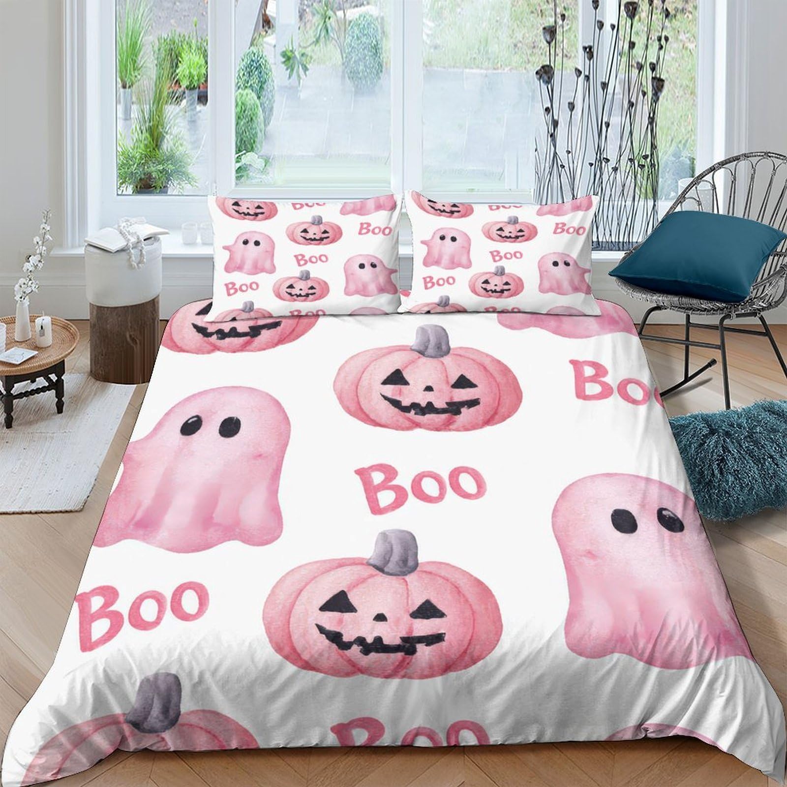 XFKLYNVCJ 3D Printed Halloween decor Bed Cover Polyester Pink ghost pumpkins Bedding Cover Wrinkle Resistant Shrink Resistant Friends Home Bedroom Use Single（135x200cm）