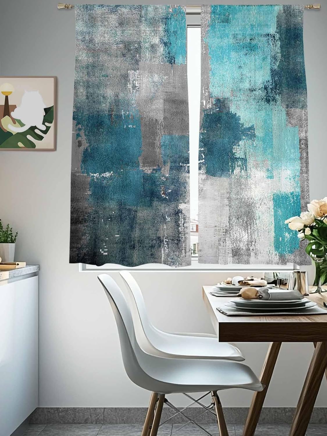 Turquoise Blue Grey Sheer Curtains 72 Inch Length 2 Panels Set for Living Room/Bedroom, Teal Abstract Art Painting Semi Curtain Sheers Drapes Rod Pocket Curtains Window Treatment Set