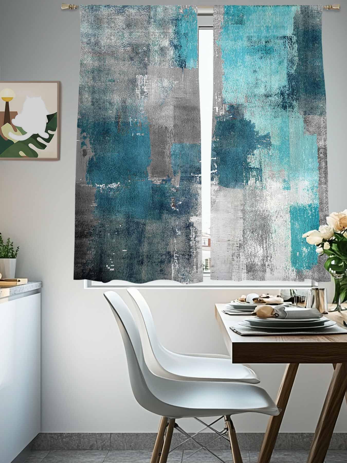 Amazon｜ターコイズブルーグレー シアーカーテン 長さ84インチ 2パネル