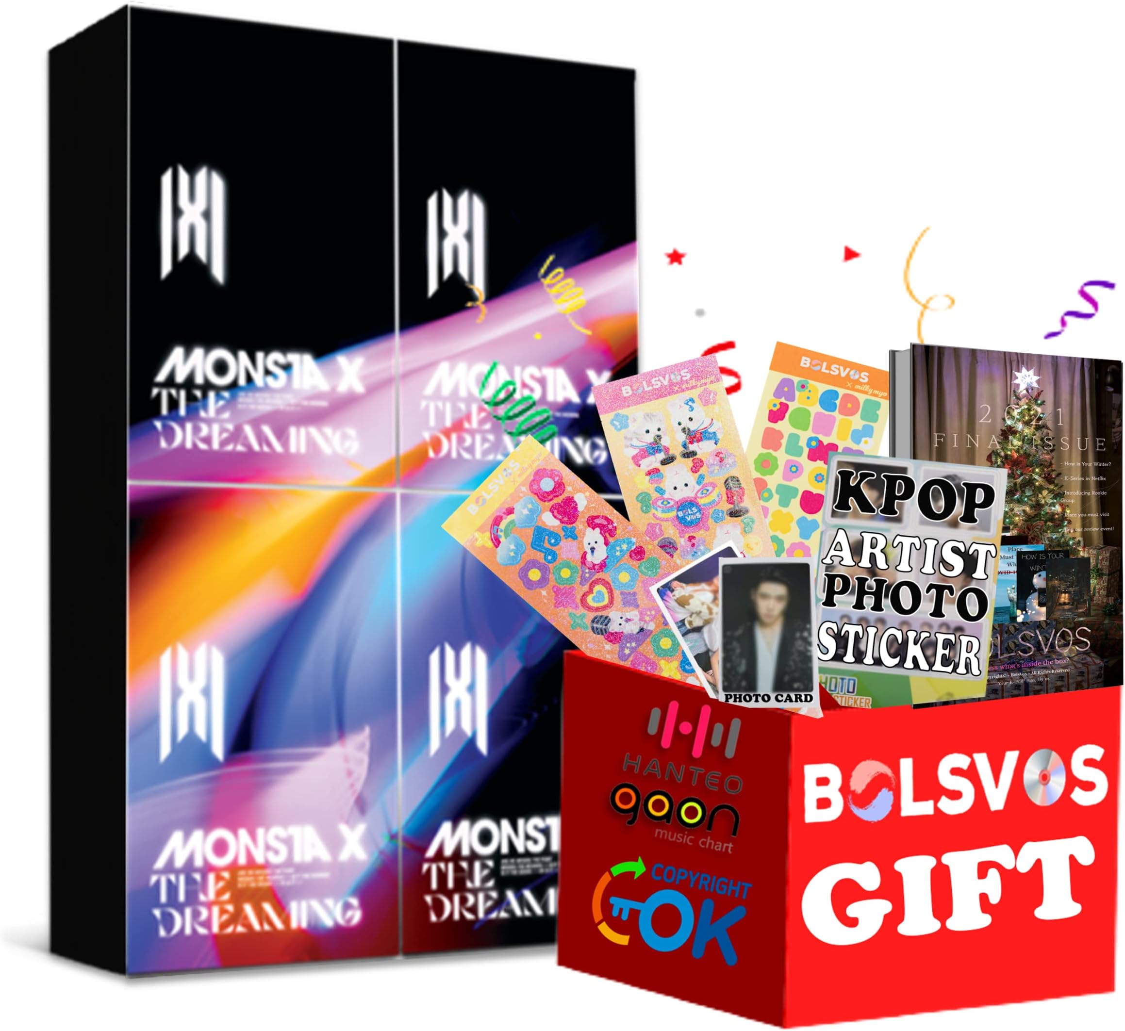 Monsta X -The Dreaming [Deluxe Version Full Set ver.] (2nd English Album) 4Albums+BolsVos K-POP eBook (28p), BolsVos Stickers for Toploader, Photocards